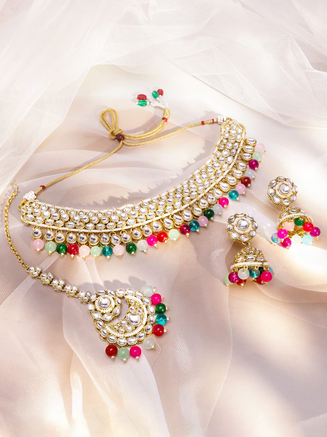 Rubans 22K Gold-Plated Handcrafted White Kundan & Cubic Zirconia Studded Double Layer Necklace Set with Multi-Colored Beads