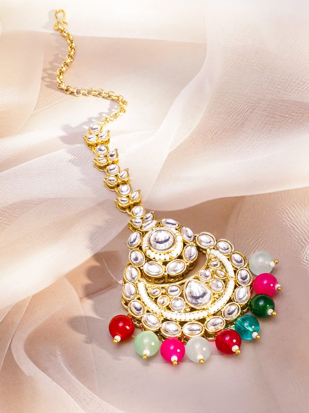 Rubans 22K Gold-Plated Handcrafted White Kundan & Cubic Zirconia Studded Double Layer Necklace Set with Multi-Colored Beads