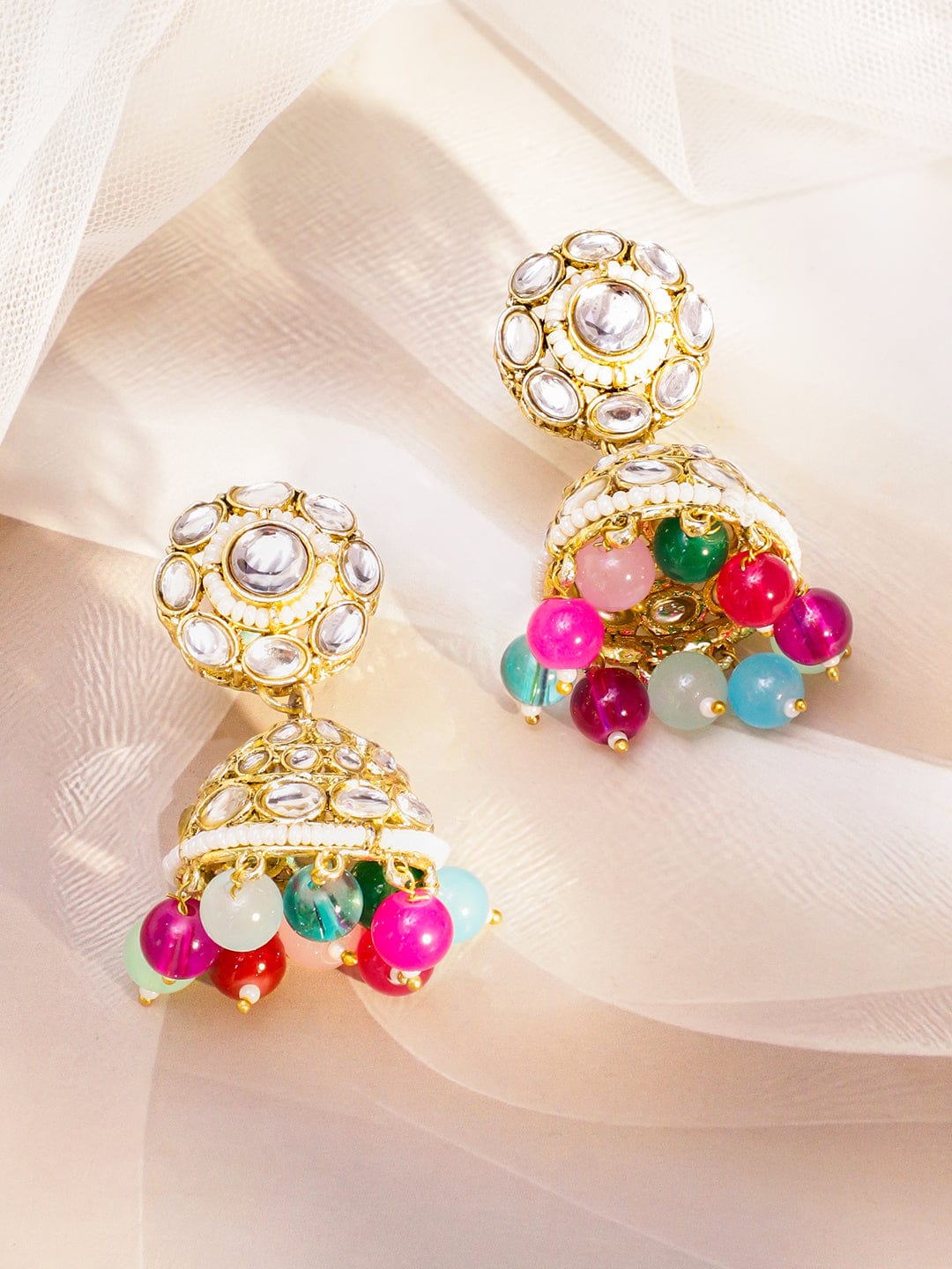 Rubans 22K Gold-Plated Handcrafted White Kundan & Cubic Zirconia Studded Double Layer Necklace Set with Multi-Colored Beads