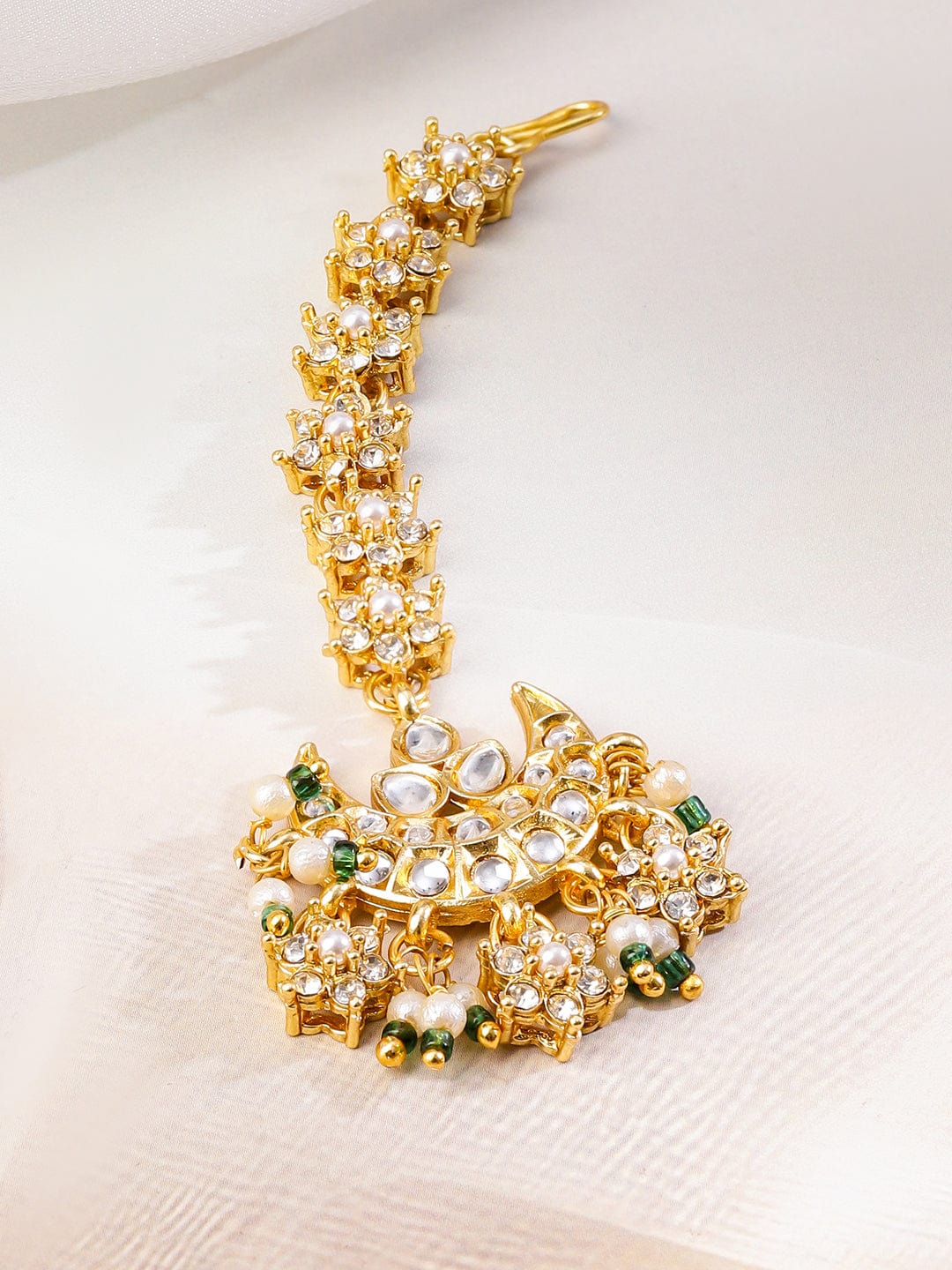 Rubans 22K Gold-Plated Kundan & Cubic Zirconia Studded Multi-Layered Bridal Necklace Set with Pearl & Green Bead Detailing for Bridal