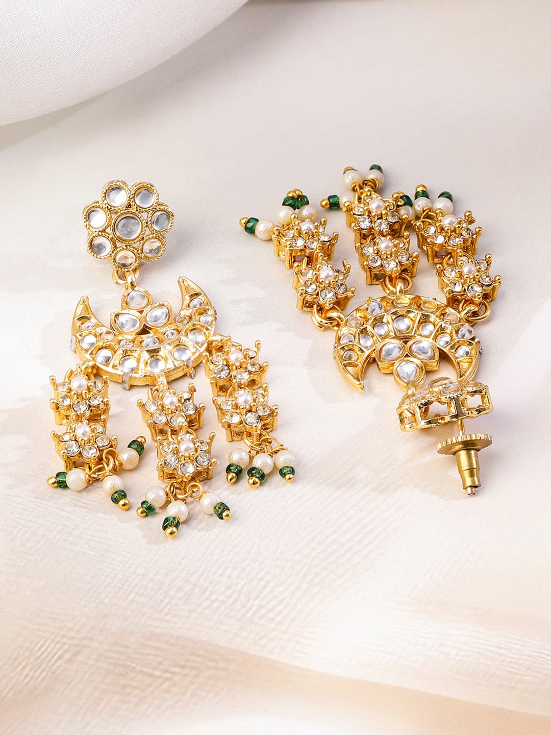 Rubans 22K Gold-Plated Kundan & Cubic Zirconia Studded Multi-Layered Bridal Necklace Set with Pearl & Green Bead Detailing for Bridal