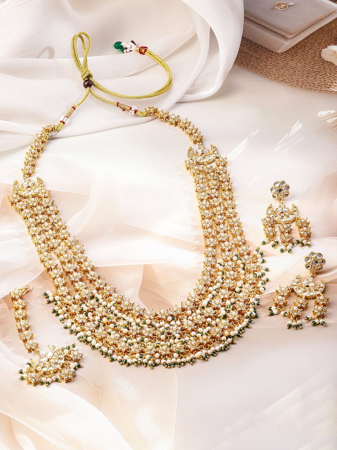 Rubans 22K Gold-Plated Kundan & Cubic Zirconia Studded Multi-Layered Bridal Necklace Set with Pearl & Green Bead Detailing for Bridal