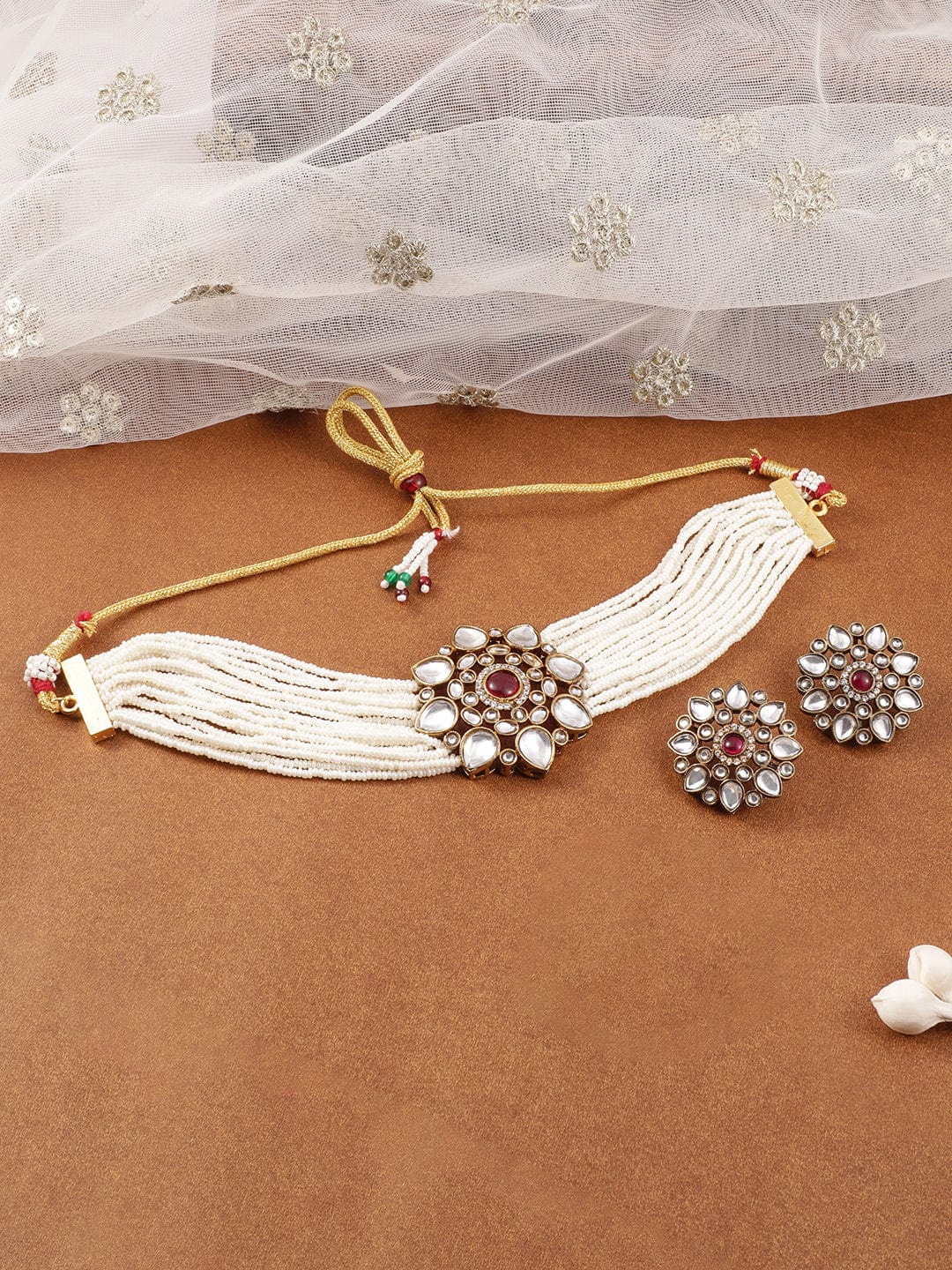 Rubans 22K Gold-Plated Kundan & Ruby Studded White Pearl Beaded Floral Choker Necklace Set