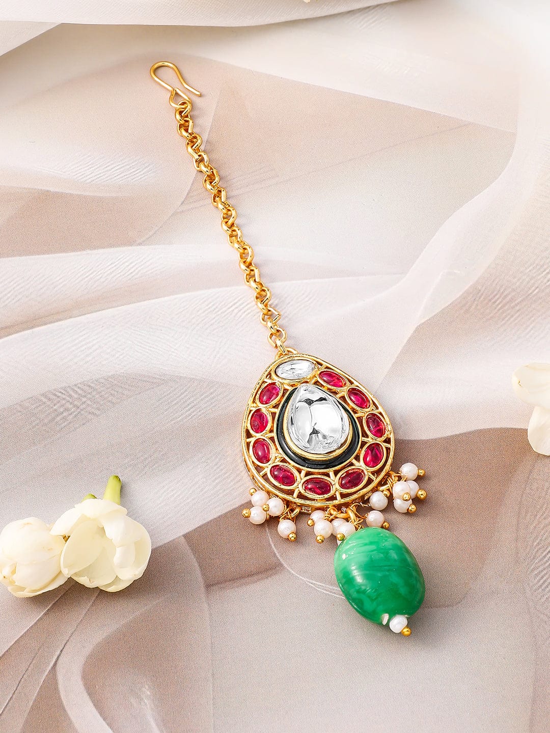 Rubans 22K Gold-Plated Kundan Ruby & Green Beaded Bridal Choker Necklace Set