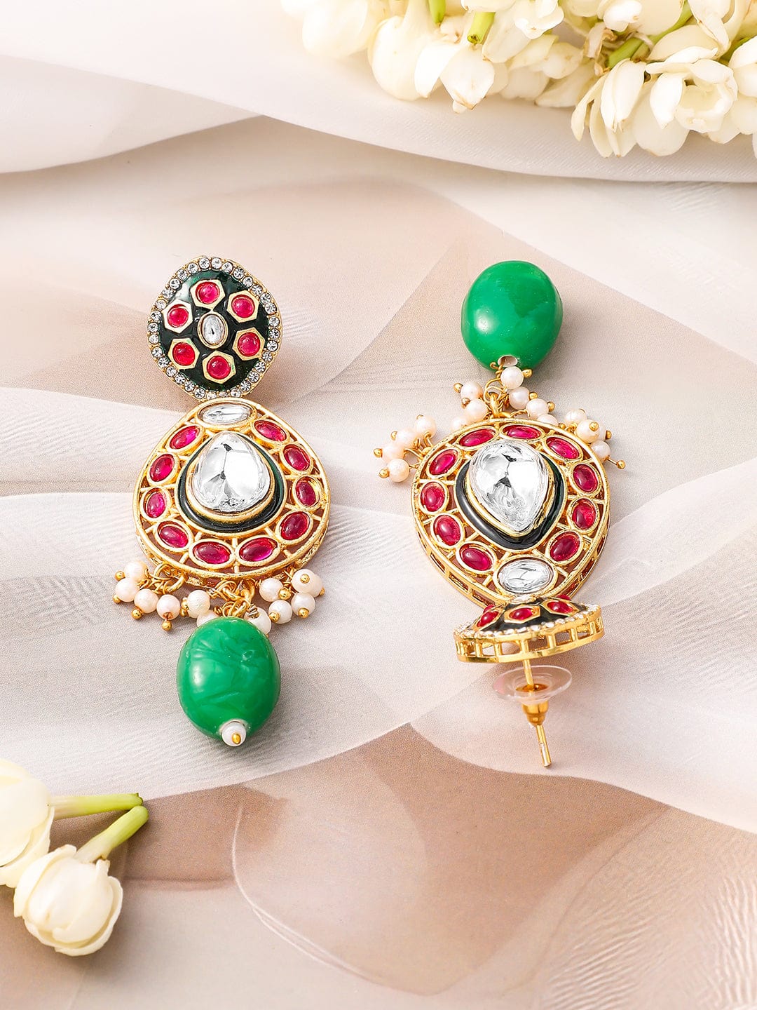 Rubans 22K Gold-Plated Kundan Ruby & Green Beaded Bridal Choker Necklace Set