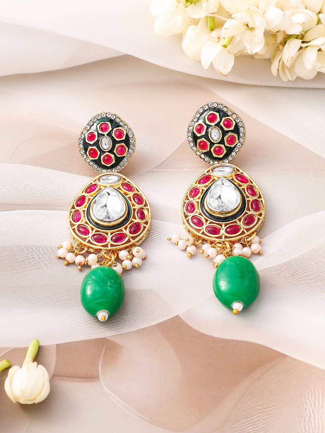 Rubans 22K Gold-Plated Kundan Ruby & Green Beaded Bridal Choker Necklace Set