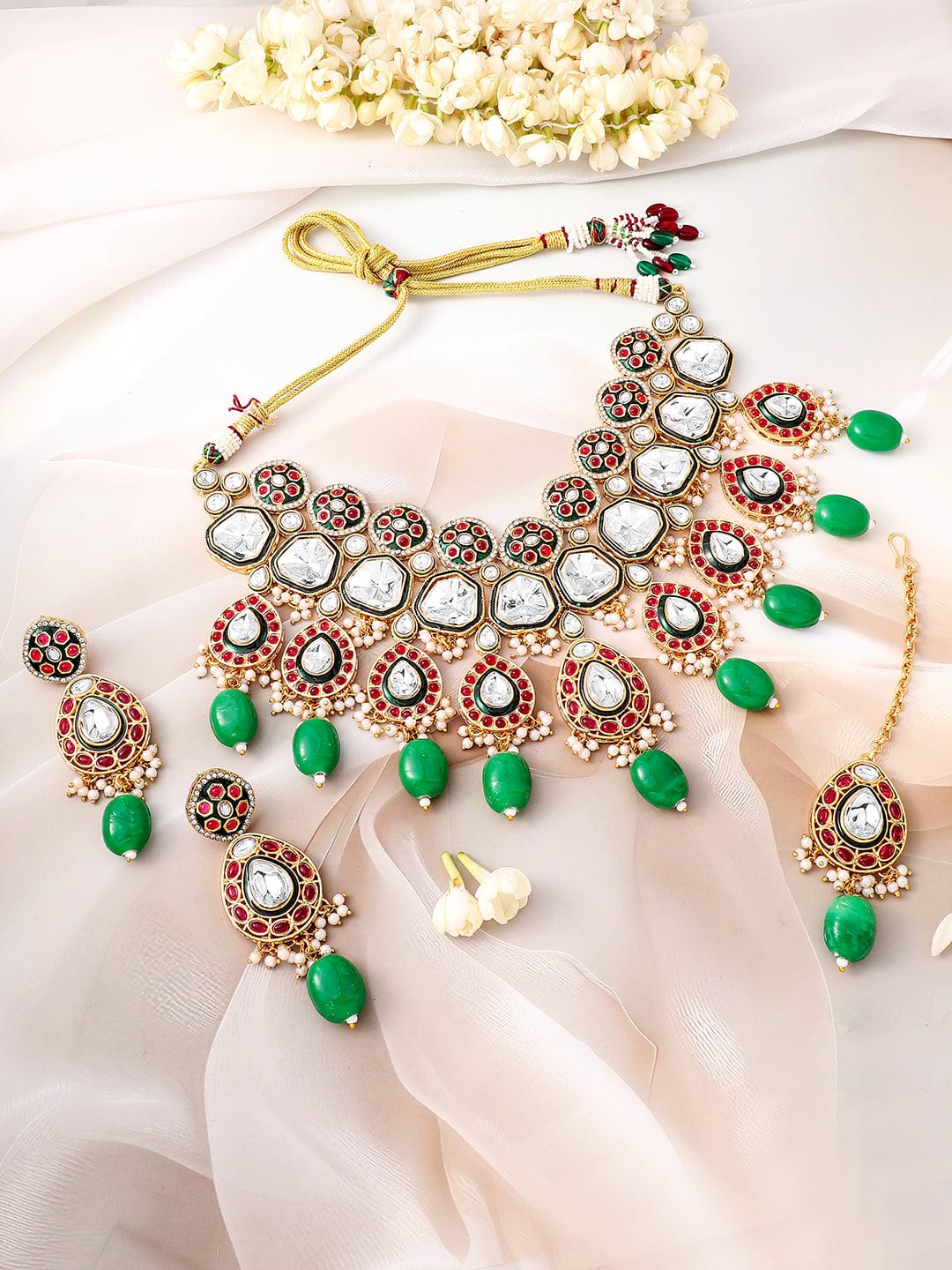 Rubans 22K Gold-Plated Kundan Ruby & Green Beaded Bridal Choker Necklace Set