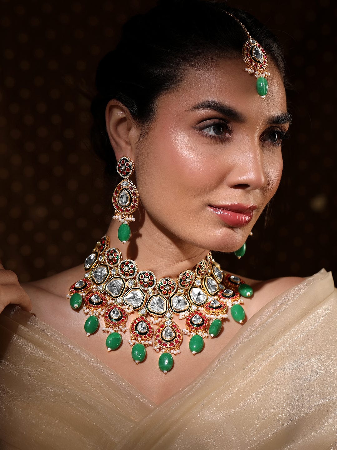 Rubans 22K Gold-Plated Kundan Ruby & Green Beaded Bridal Choker Necklace Set