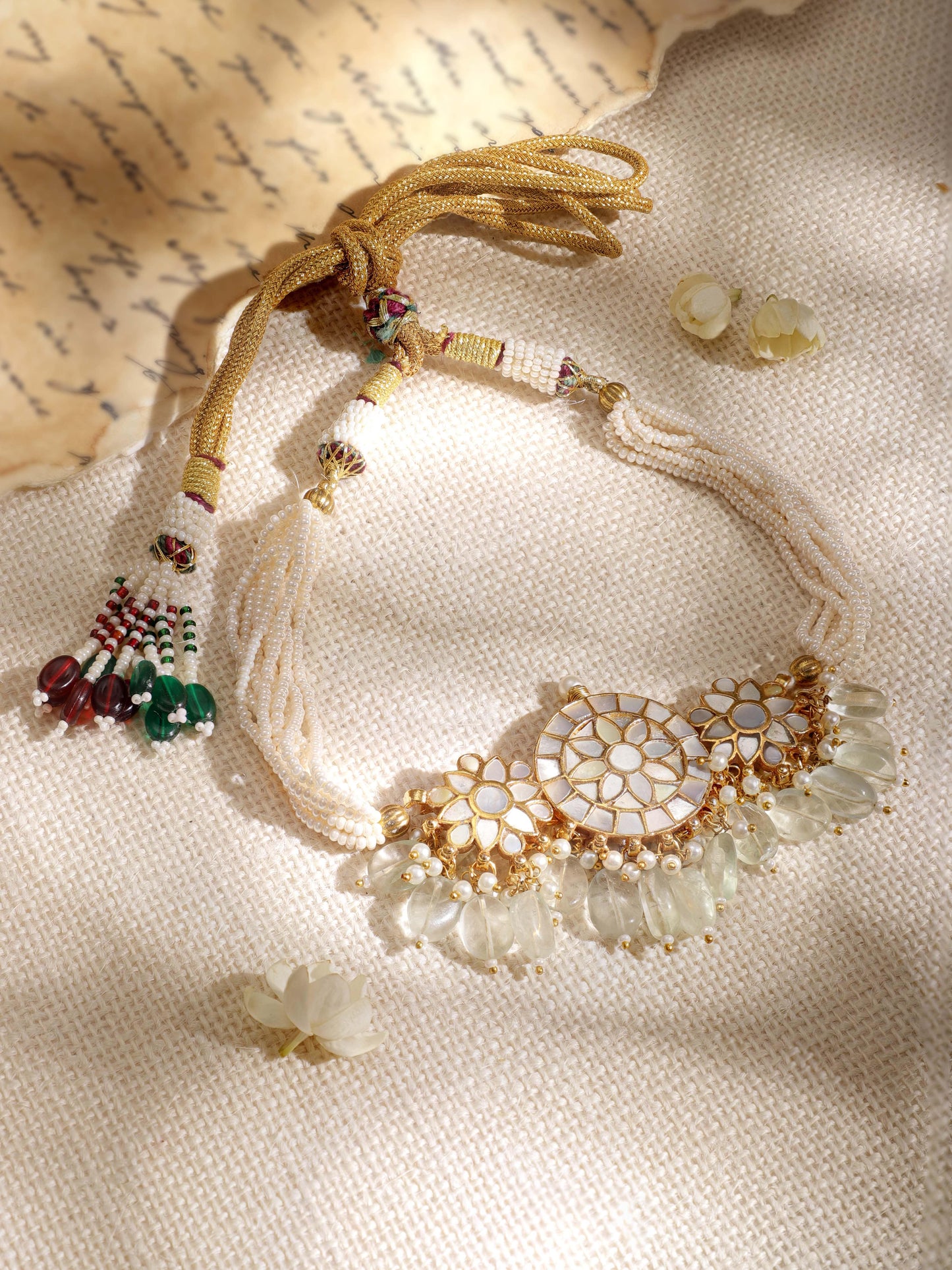 Rubans 22K Gold-Plated Kundan Studded Green Pearl & Beaded Multistrand Choker Necklace Set