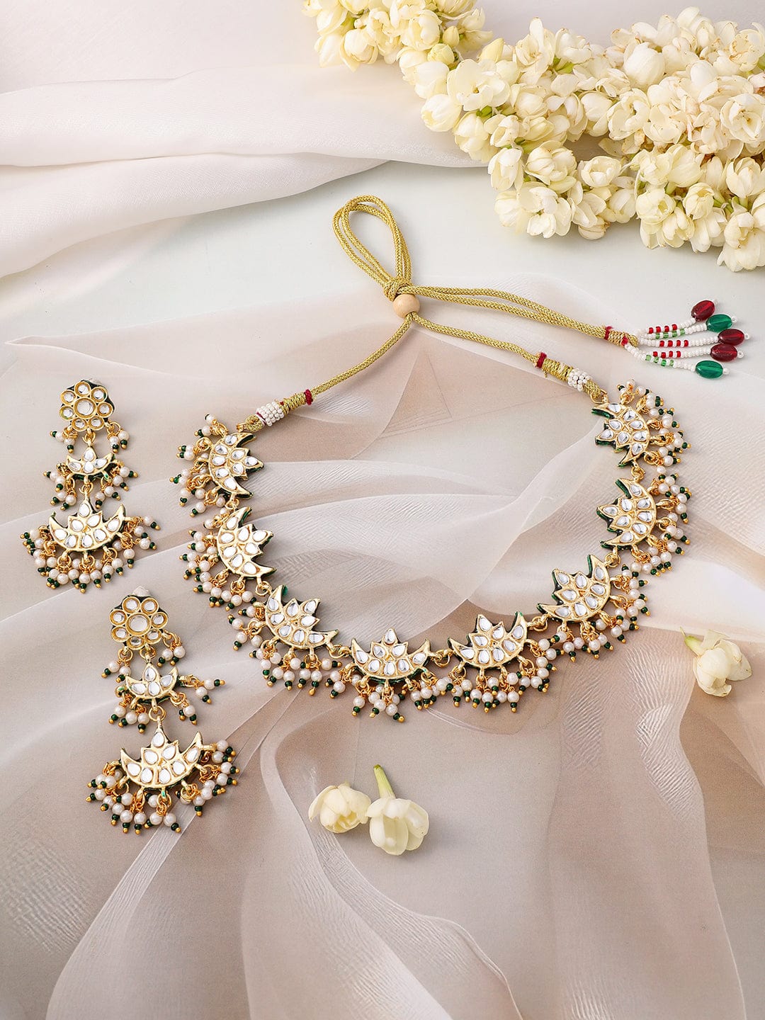 Rubans 22K Gold-Plated Kundan Studed Green Border, Pearl Beaded Crescent Moon Necklace Set