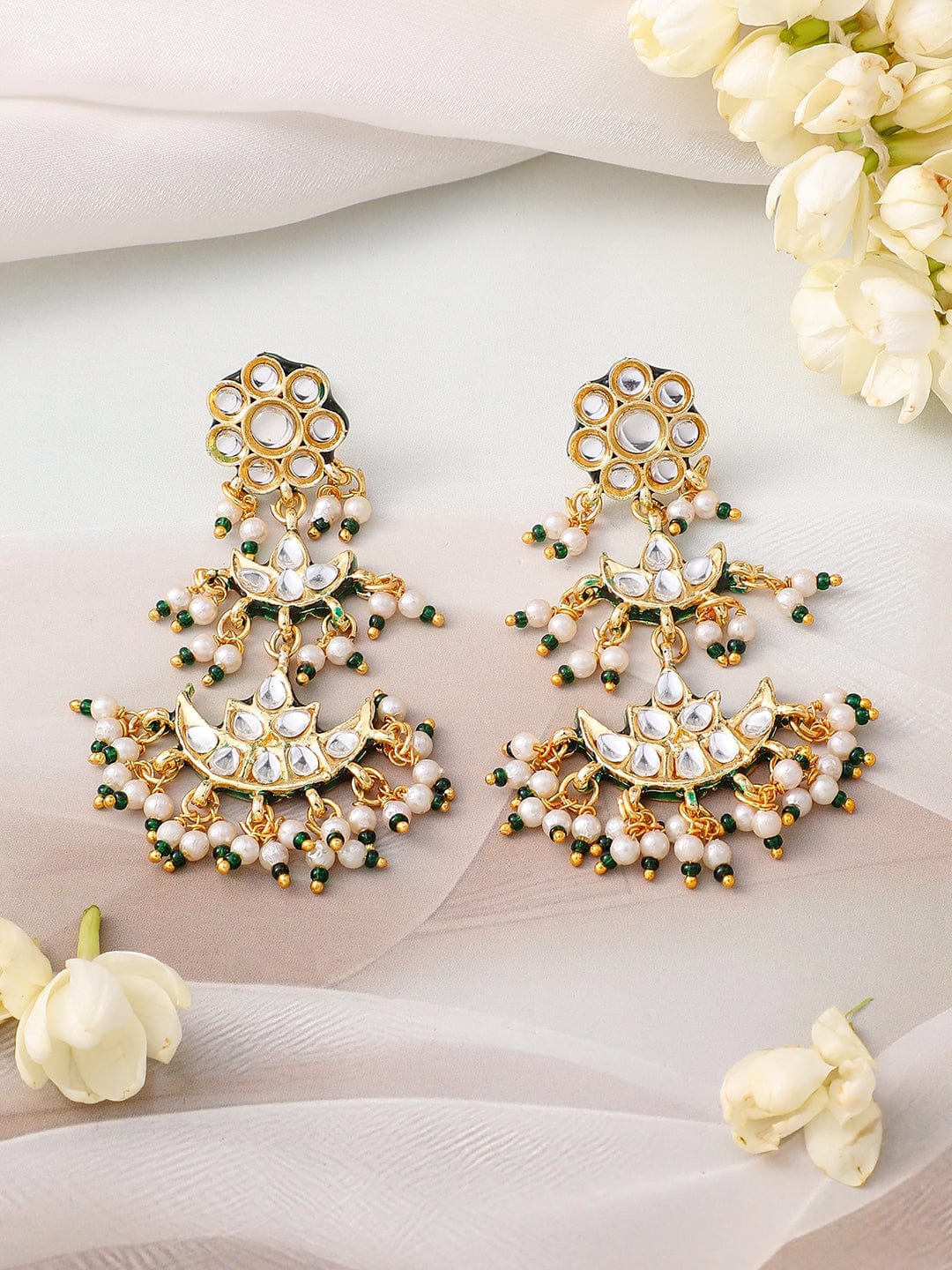 Rubans 22K Gold-Plated Kundan Studed Green Border, Pearl Beaded Crescent Moon Necklace Set