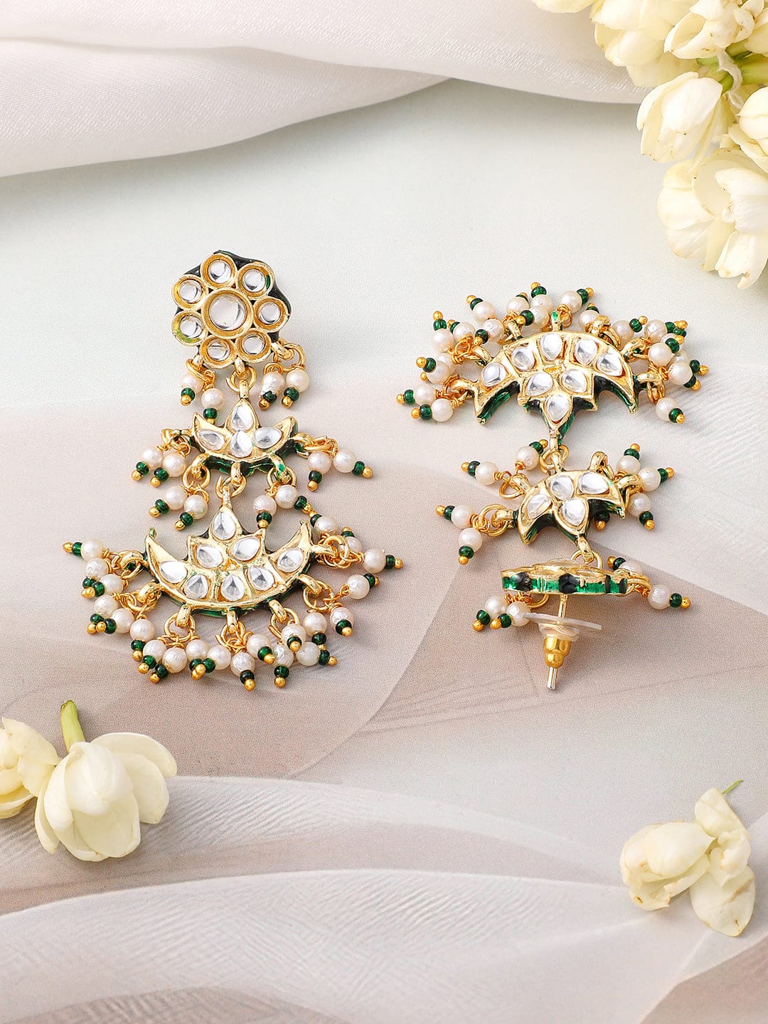 Rubans 22K Gold-Plated Kundan Studed Green Border, Pearl Beaded Crescent Moon Necklace Set