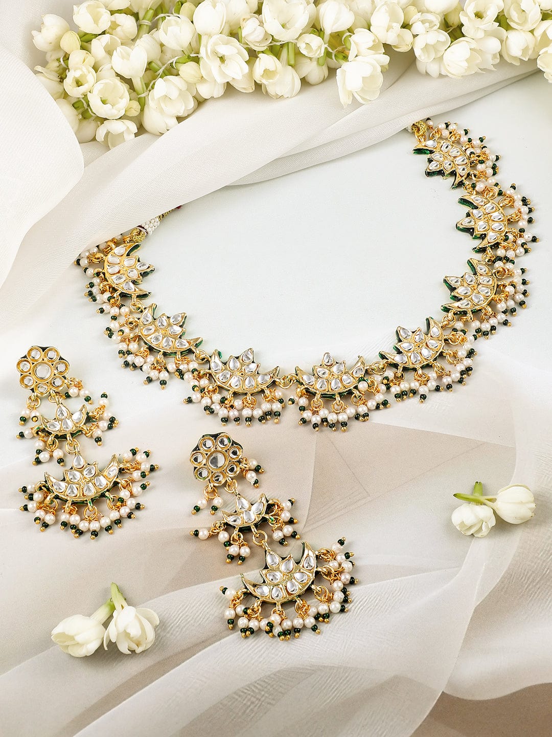 Rubans 22K Gold-Plated Kundan Studed Green Border, Pearl Beaded Crescent Moon Necklace Set
