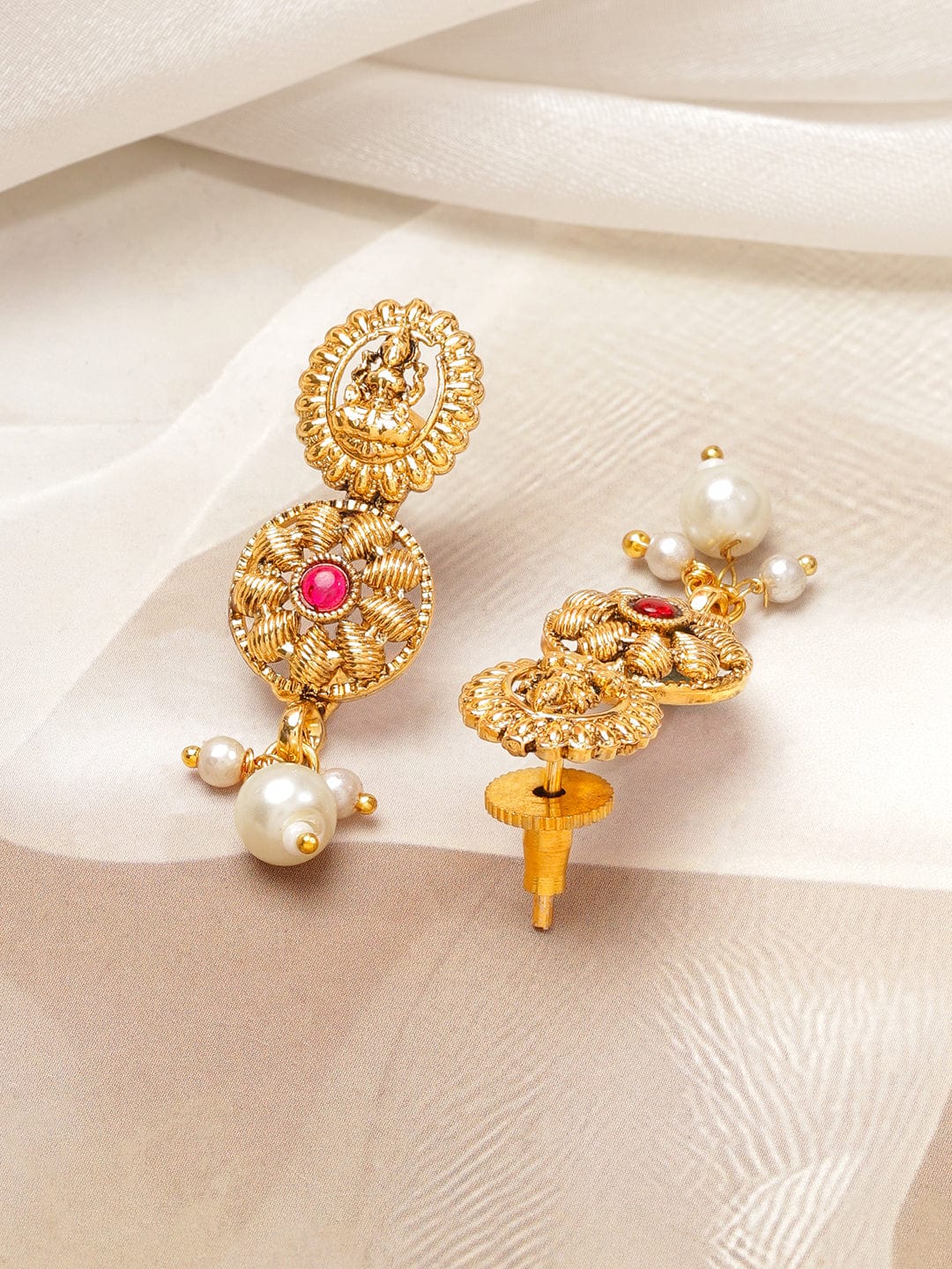 Rubans 22K Gold-Plated Lakshmi Temple Necklace Set with Ruby Pink & Emerald Stones, Golden Beaded Detailing and Pearl Drops