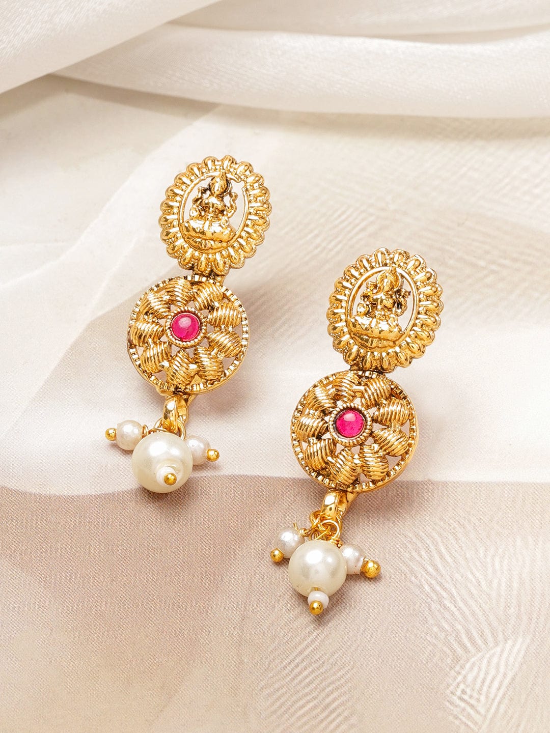 Rubans 22K Gold-Plated Lakshmi Temple Necklace Set with Ruby Pink & Emerald Stones, Golden Beaded Detailing and Pearl Drops