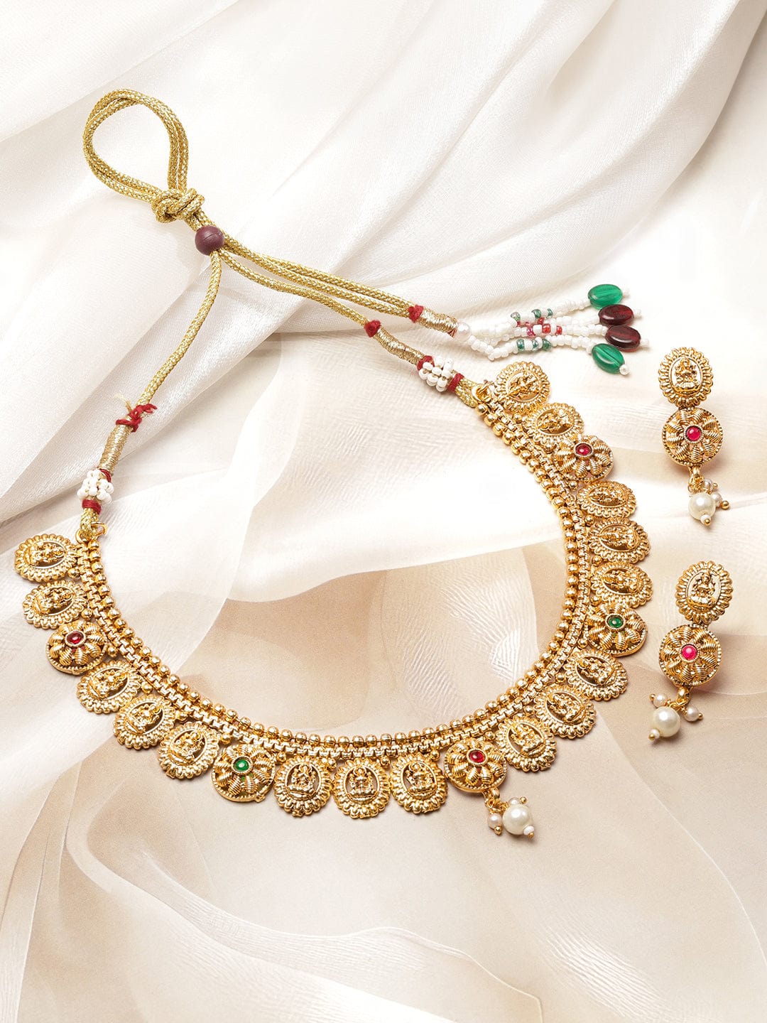 Rubans 22K Gold-Plated Lakshmi Temple Necklace Set with Ruby Pink & Emerald Stones, Golden Beaded Detailing and Pearl Drops