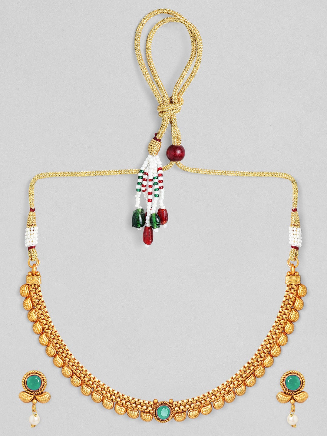 Rubans 22K Gold-Plated Light Emerald Green Stone & Pearl Beaded Traditional Necklace Set