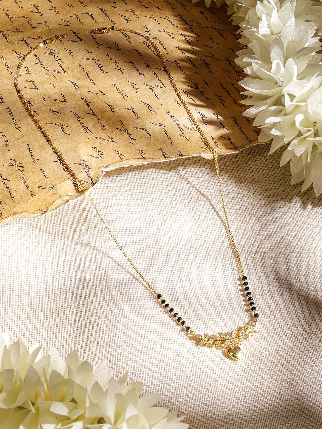 Rubans 22K Gold-Plated Mangalsutra Necklace with Black Beads, Heart-Shaped Pendant & Cubic Zirconia for Women