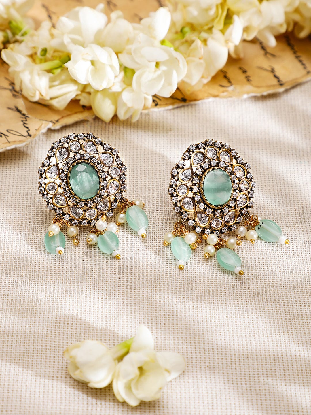 Rubans 22K Gold-Plated Mint Green AD Stone & Cubic Zirconia Studded Beaded Necklace Set