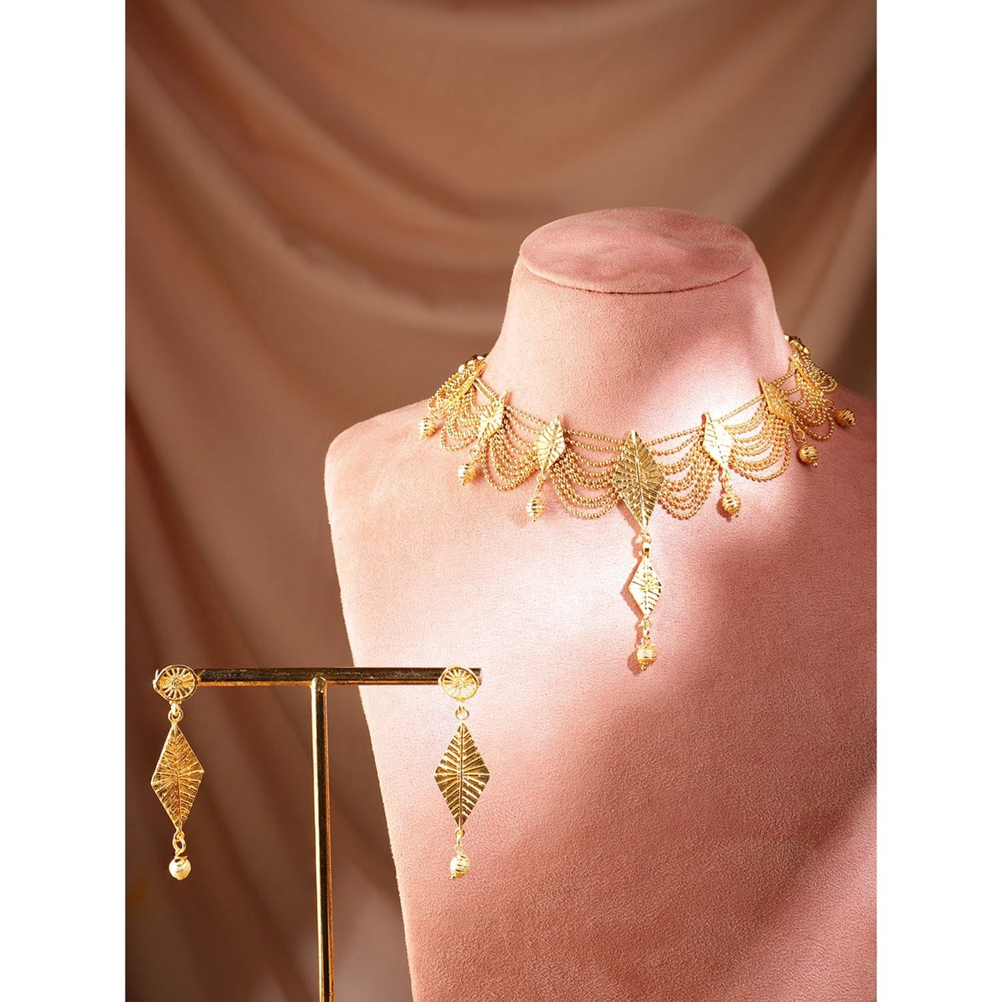 Rubans 22K Gold-Plated Multi-Strand Necklace Set with Leaf Motifs and Matching Drop Earrings for Womens & Girls