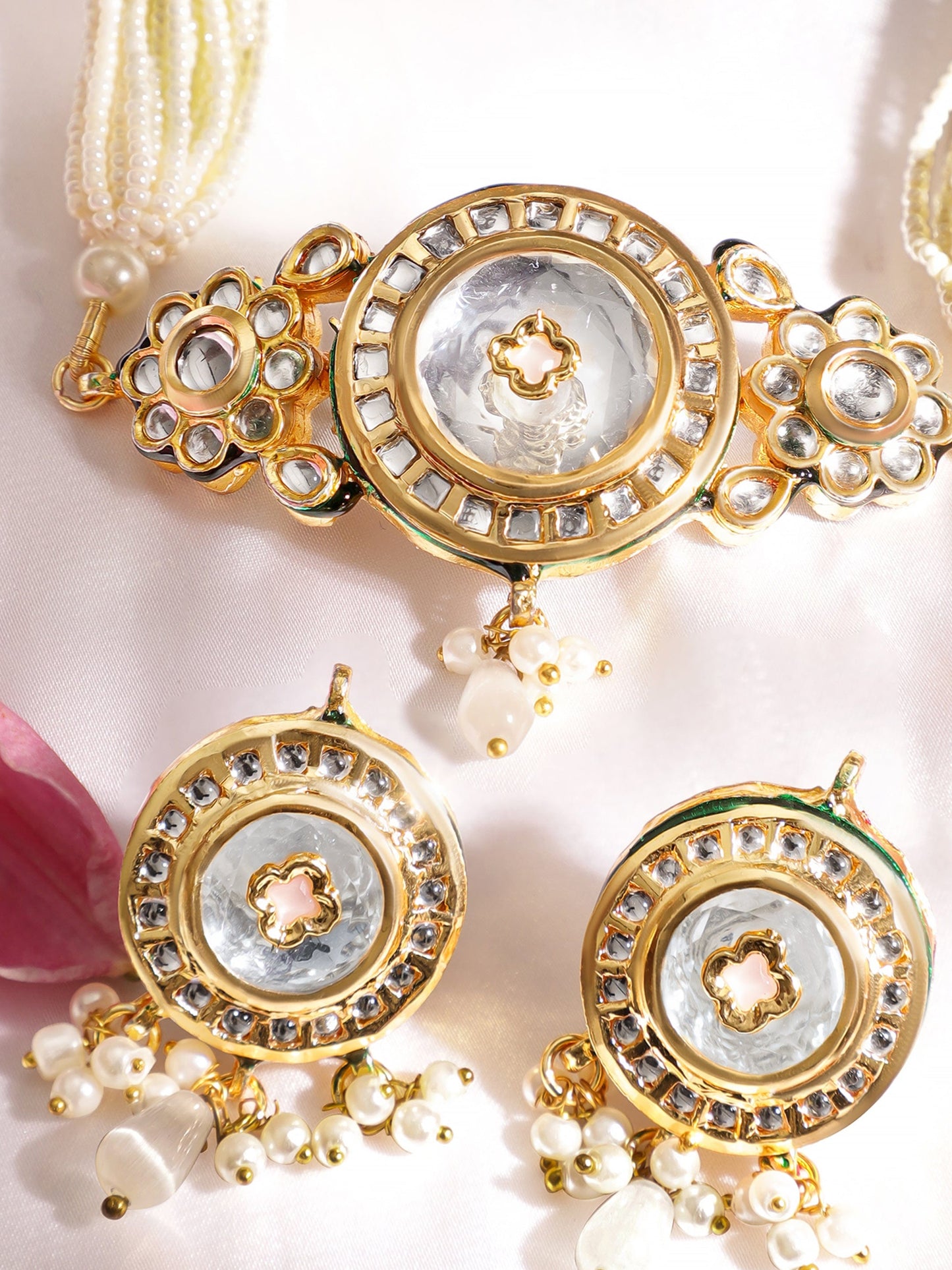 Rubans 22K Gold-Plated Multicolor Kundan & Pink, Green Pearls Beads Studded Pearl Necklace Set for Women
