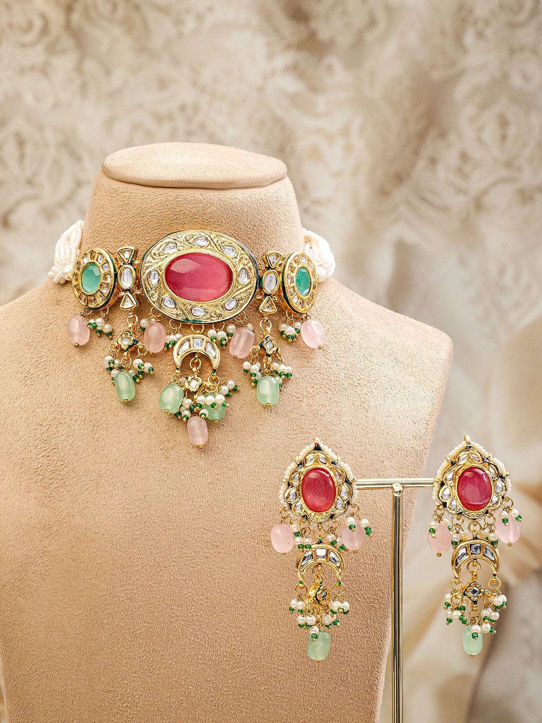 Rubans 22K Gold-Plated Multicolor Kundan & Pink, Green Pearls Beads Studded Pearl Necklace Set for Women