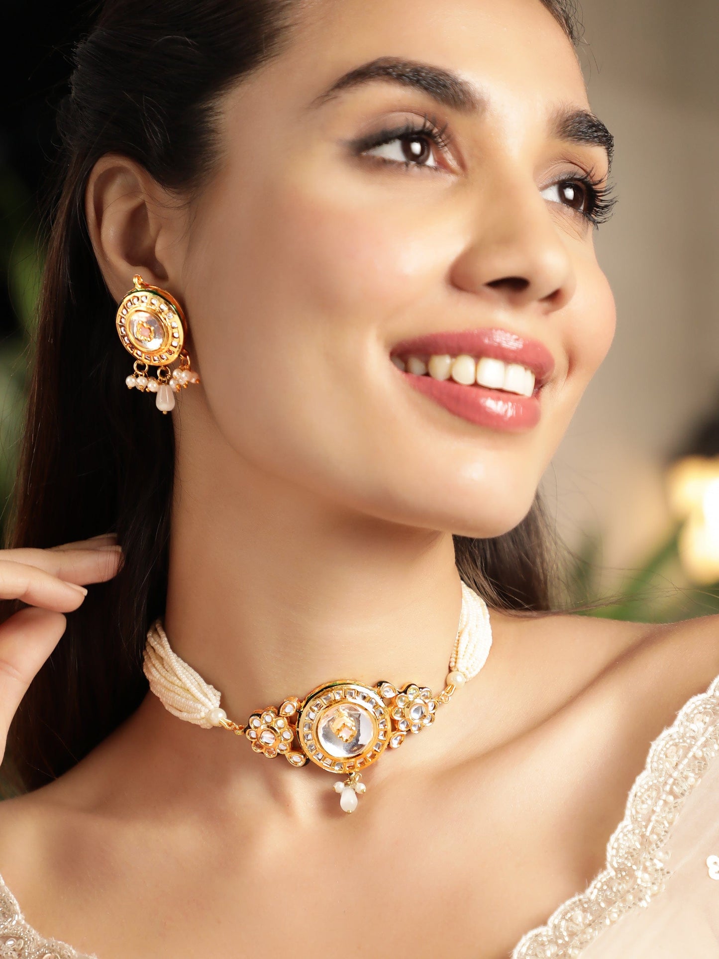 Rubans 22K Gold-Plated Multicolor Kundan & Pink, Green Pearls Beads Studded Pearl Necklace Set for Women