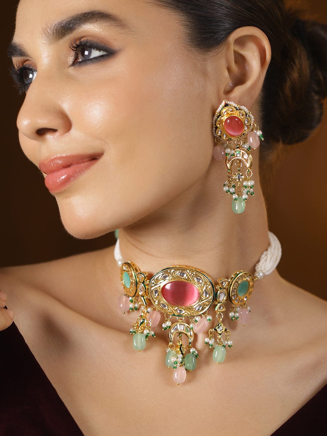 Rubans 22K Gold-Plated Multicolor Kundan & Pink, Green Pearls Beads Studded Pearl Necklace Set for Women