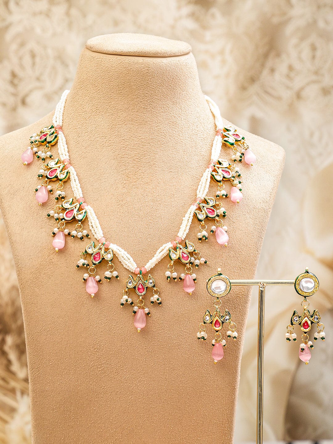 Rubans 22K Gold-Plated Multicolor Kundan & Pink, Green Pearls Beads Studded Pearl Necklace Set for Women