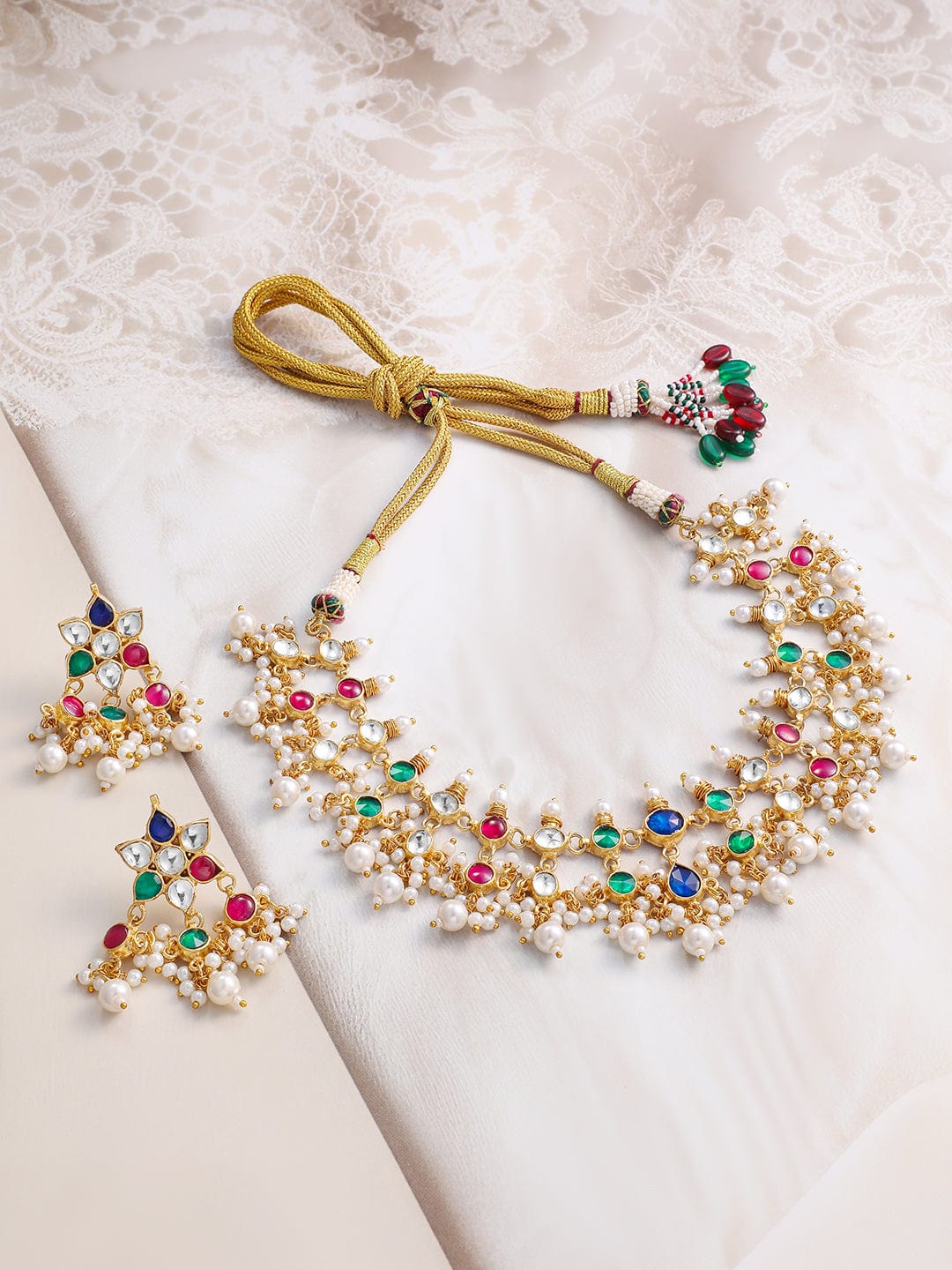 Rubans 22K Gold-Plated Multicolor Stone Studded Choker Necklace Set with Pearl Accents