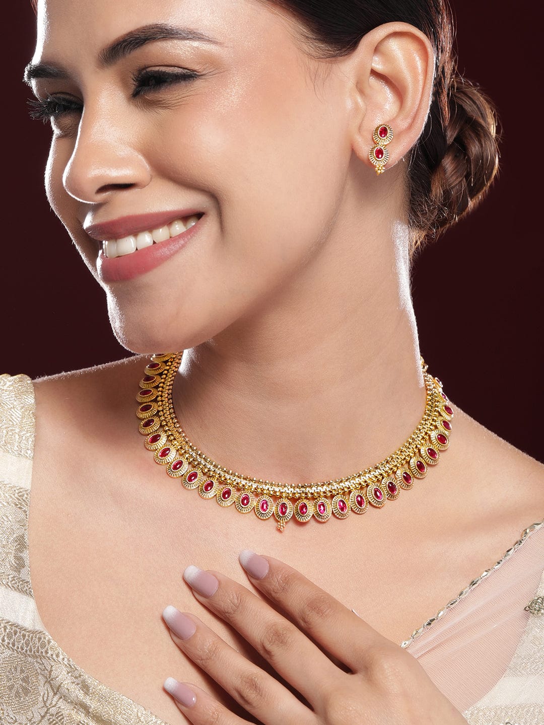 Rubans 22K Gold-Plated Ruby Pink Stone Oval Detailing Handcrafted Necklace Set