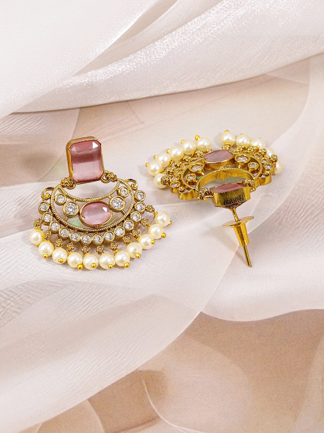 Rubans 22K Gold-Plated Pastel Pink & White Cubic Zirconia Studded Pearl Beaded Handcrafted Necklace Set for Women