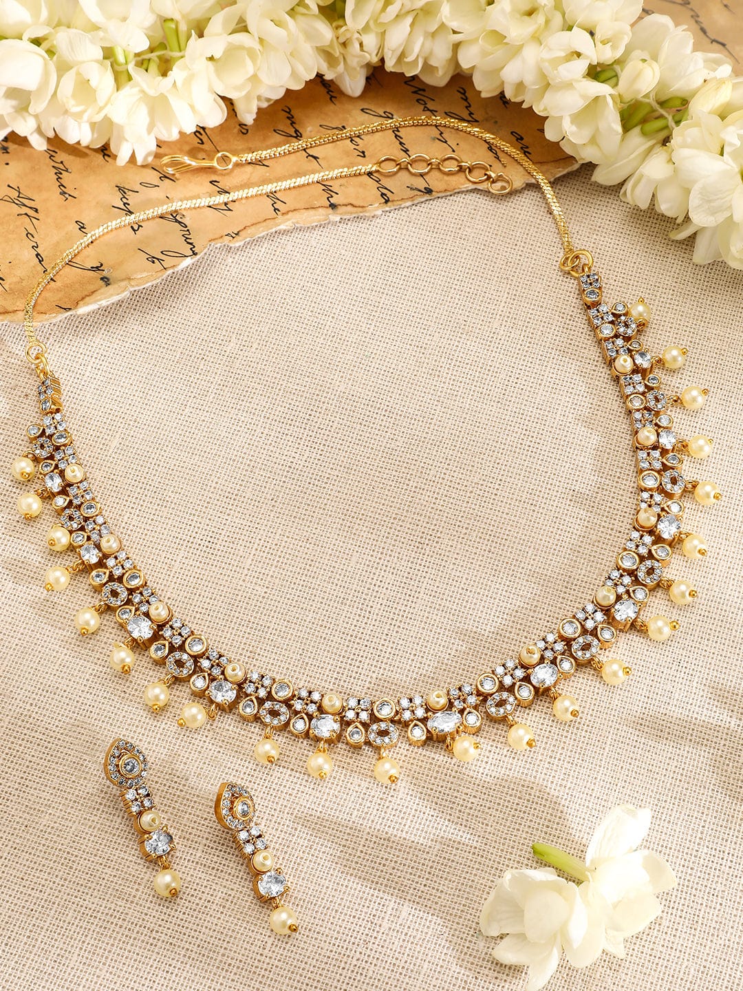 Rubans 22K Gold-Plated Pearl Beads & White Cubic Zirconia Handcrafted Necklace Set
