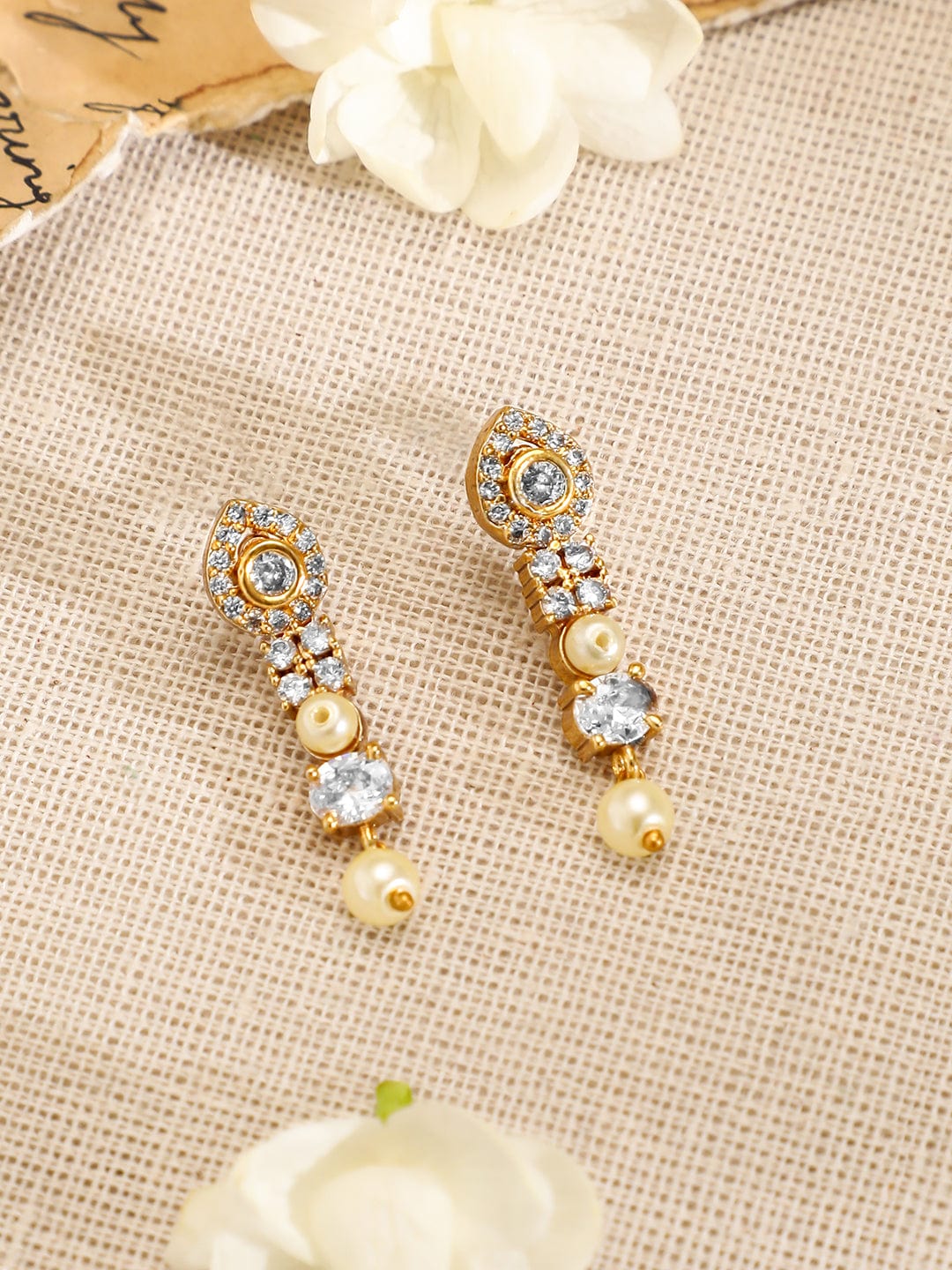 Rubans 22K Gold-Plated Pearl Beads & White Cubic Zirconia Handcrafted Necklace Set