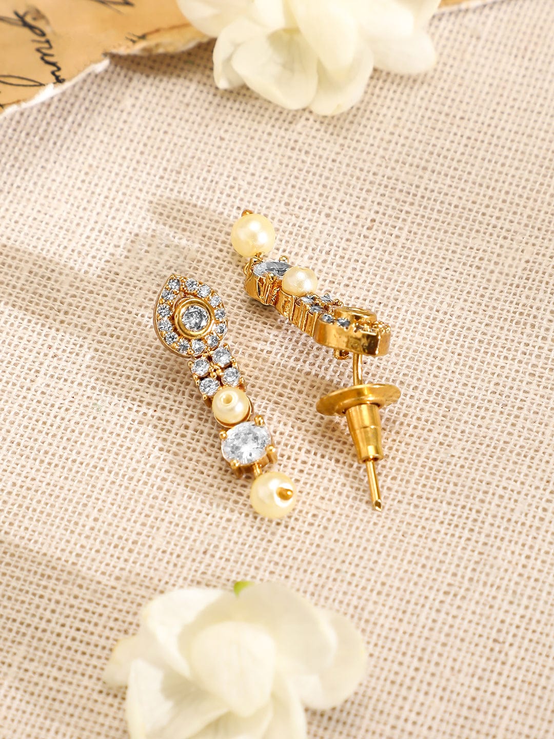 Rubans 22K Gold-Plated Pearl Beads & White Cubic Zirconia Handcrafted Necklace Set