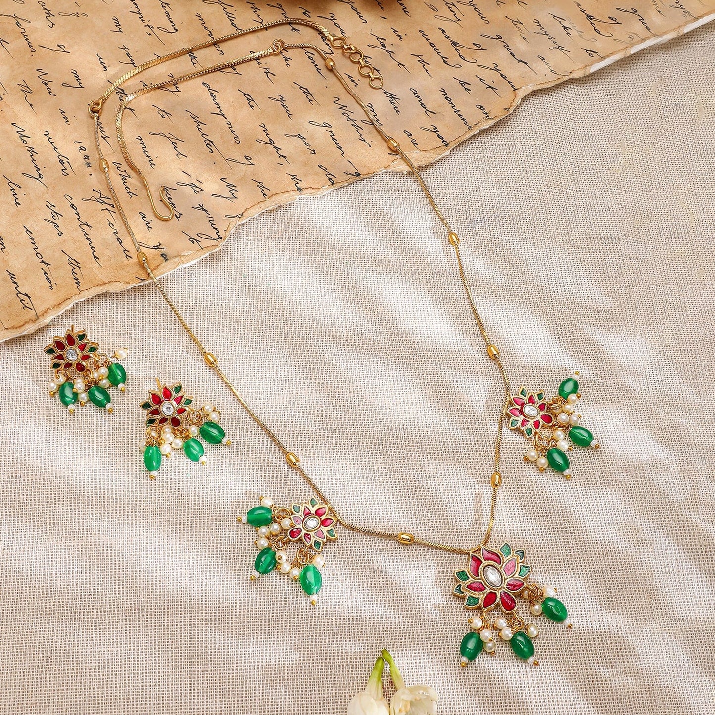 Rubans 22K Gold-Plated Pink & Green Kundan Stone Long Necklace Set with Earrings