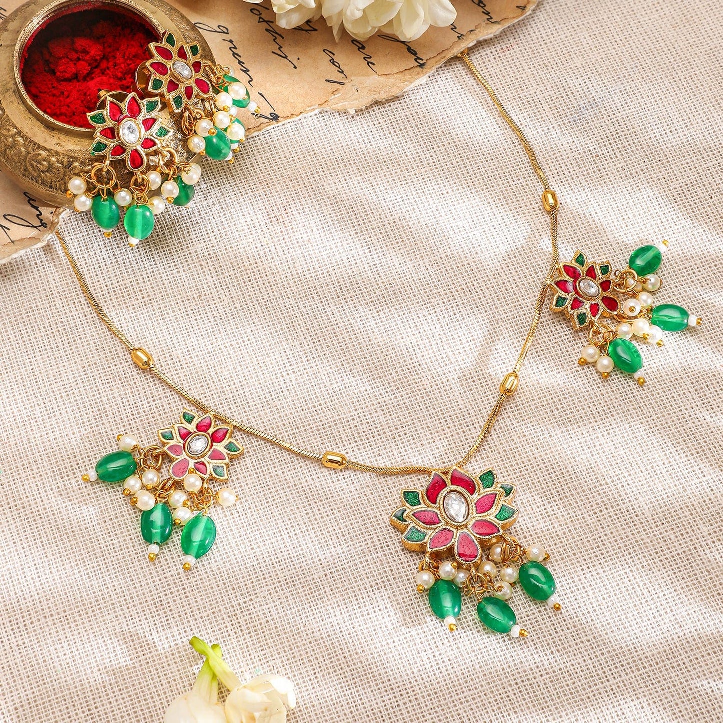 Rubans 22K Gold-Plated Pink & Green Kundan Stone Long Necklace Set with Earrings