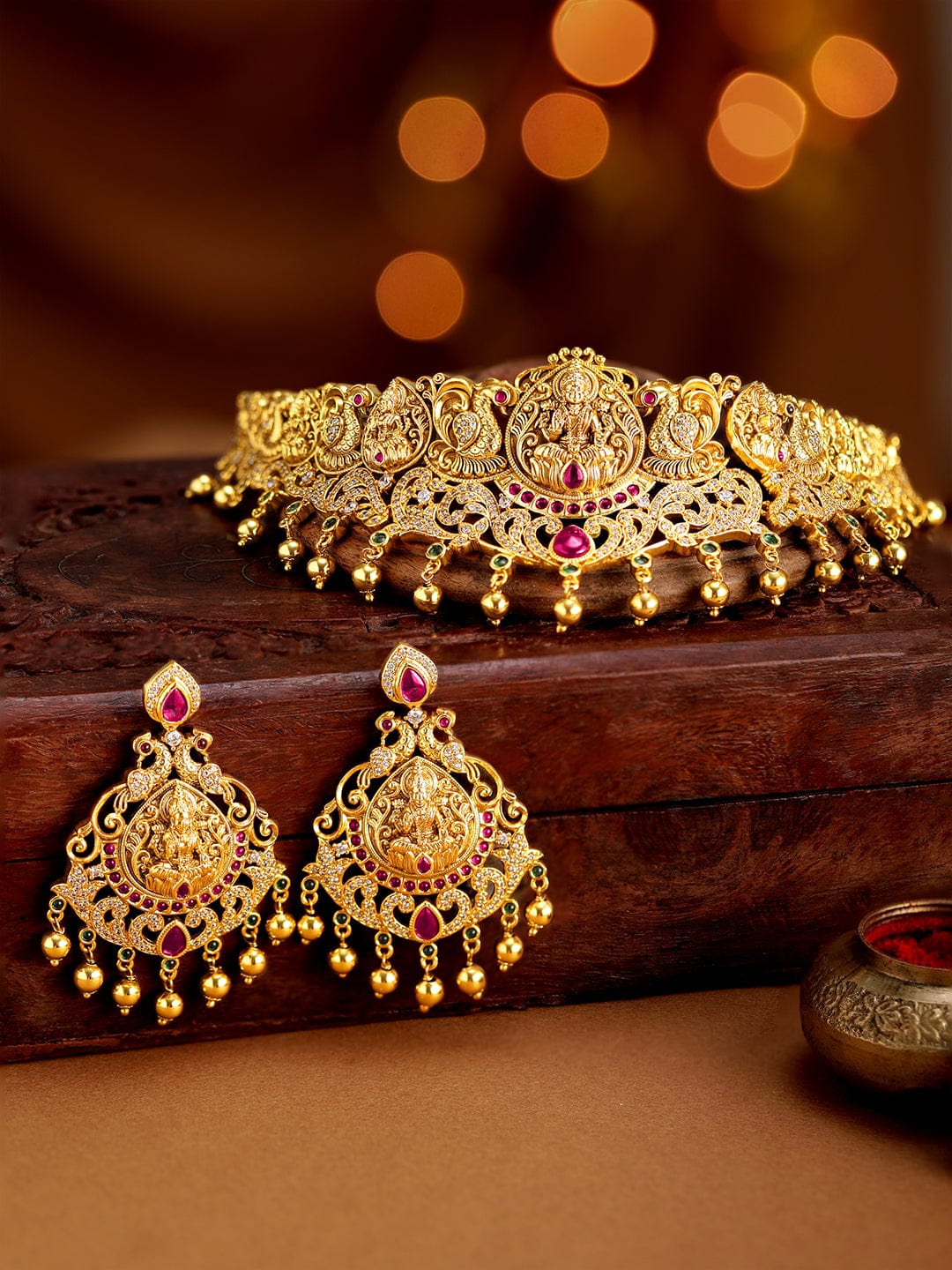 Rubans 22K Gold plated Red Crystal Zirconia Handcrafted Luxury Necklace Set