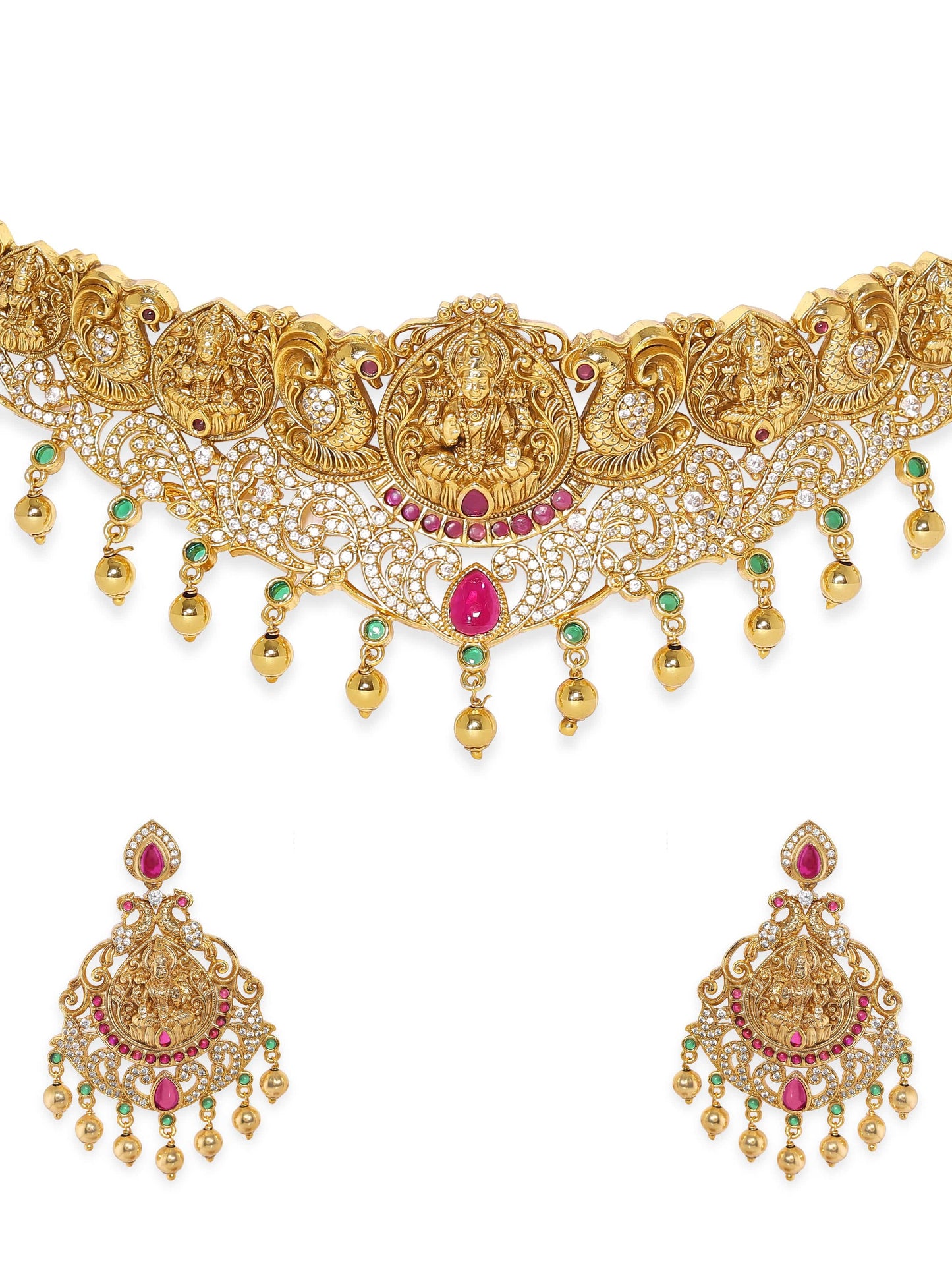 Rubans 22K Gold plated Red Crystal Zirconia Handcrafted Luxury Necklace Set