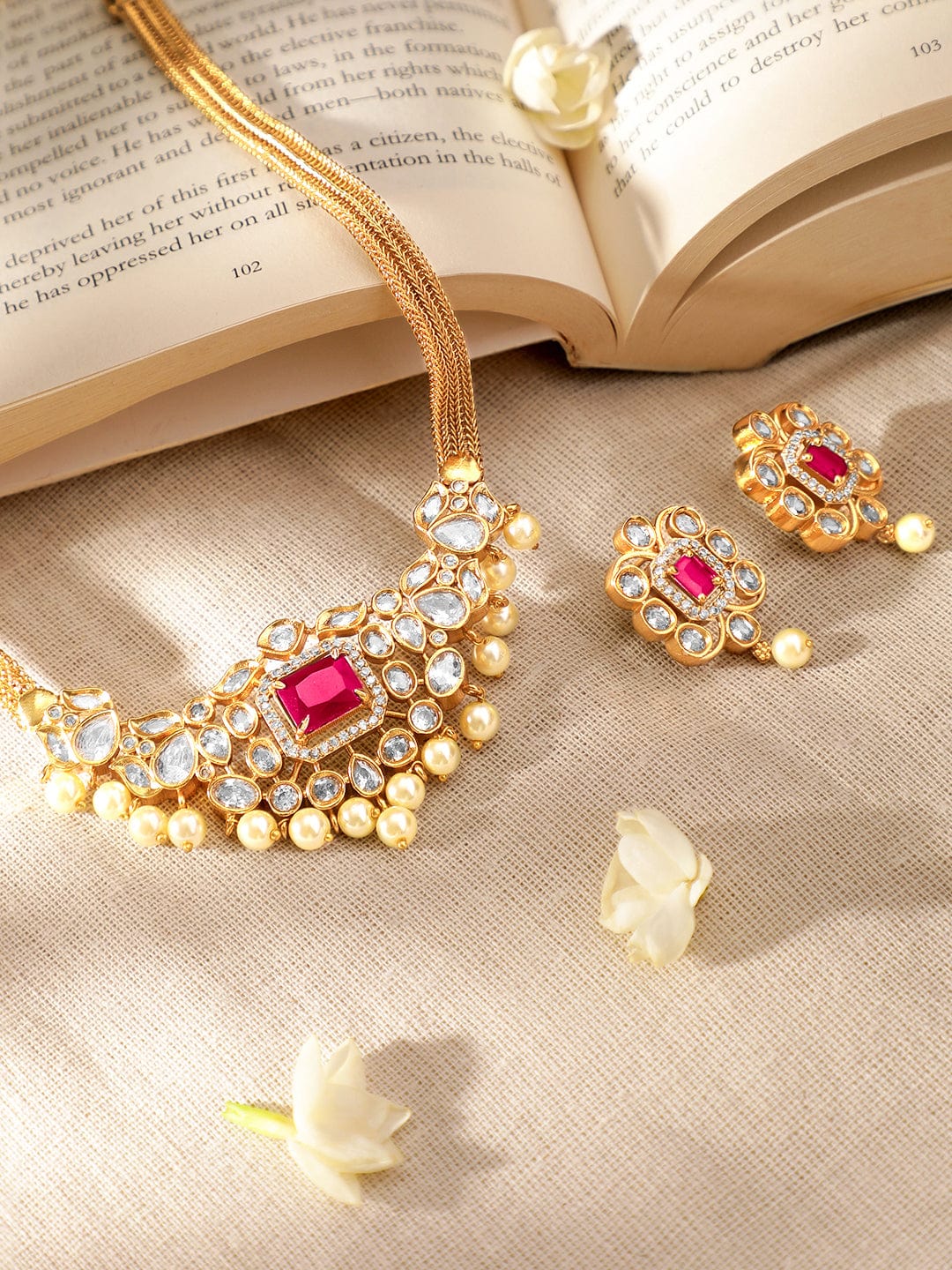 Rubans 22K Gold-Plated Ruby & CZ Studded Necklace & Earrings