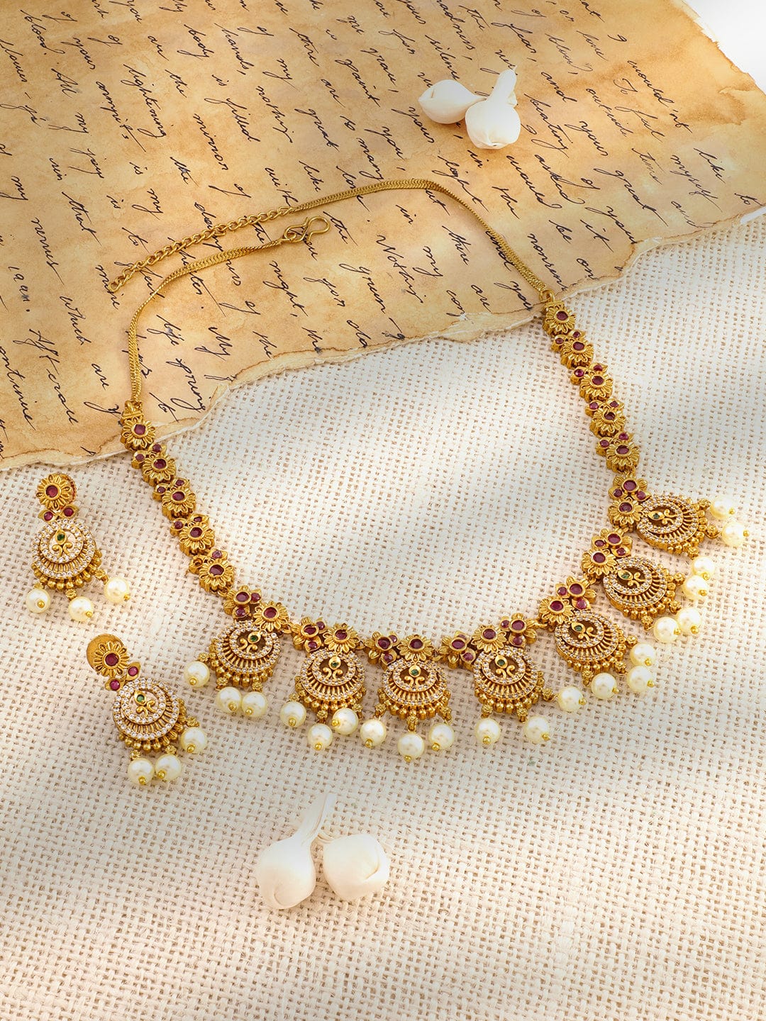 Rubans 22K Gold-Plated Ruby & Emerald Cubic Zicronia Stone Necklace Set with Pearl Drops