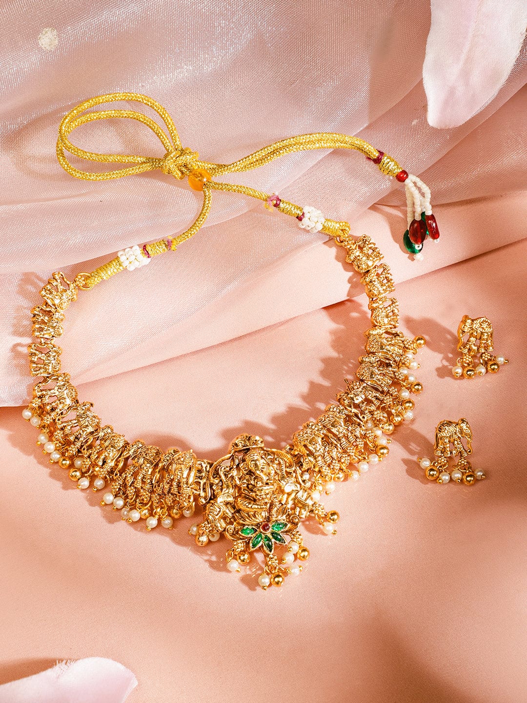 Rubans 22K Gold-Plated Ruby Emerald & Pearl Beaded Divine Ganesh Temple Necklace Set for Women