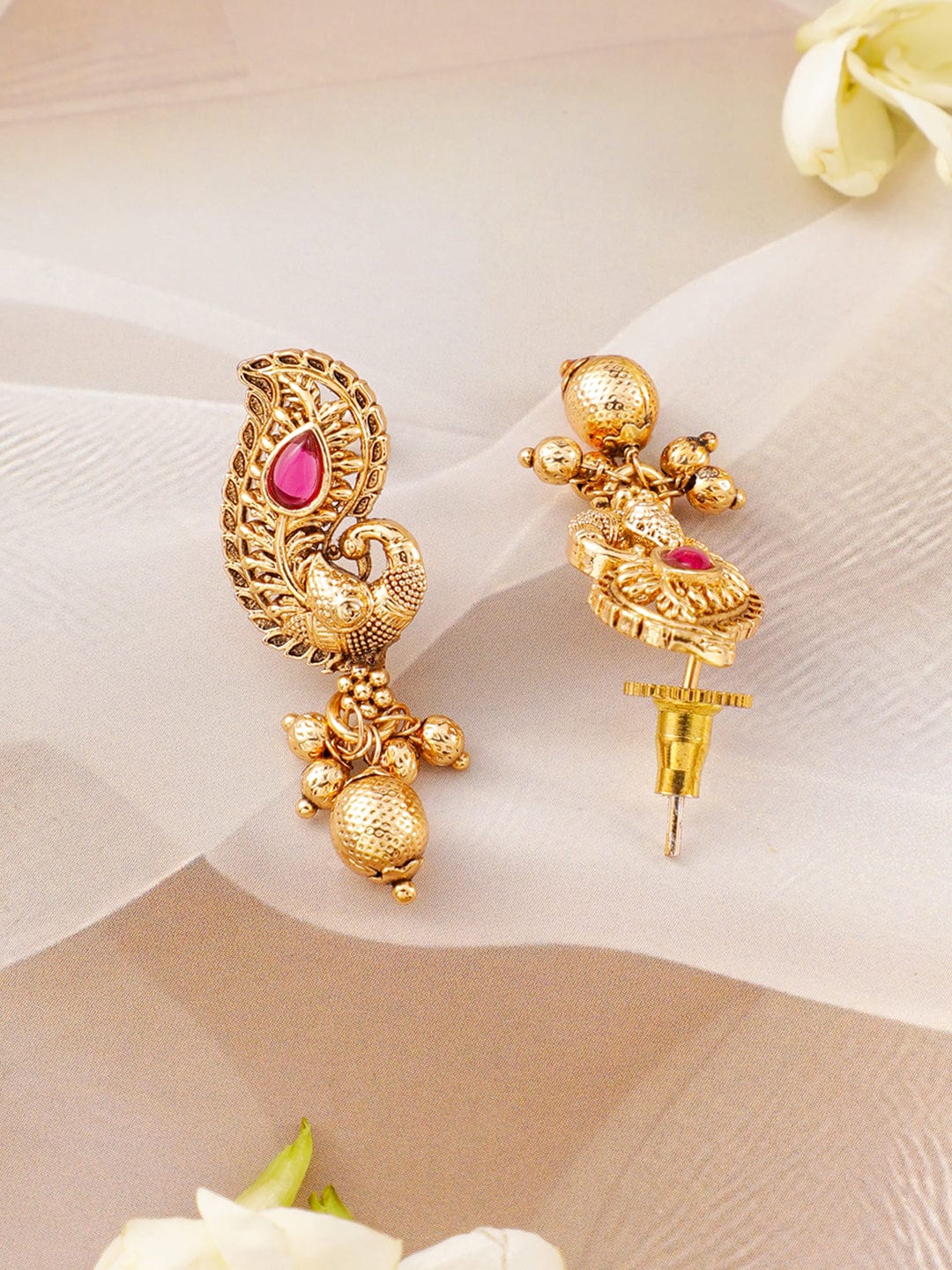 Rubans 22K Gold-Plated Ruby & Emerald Stone Handcrafted Necklace Set with Golden Beads