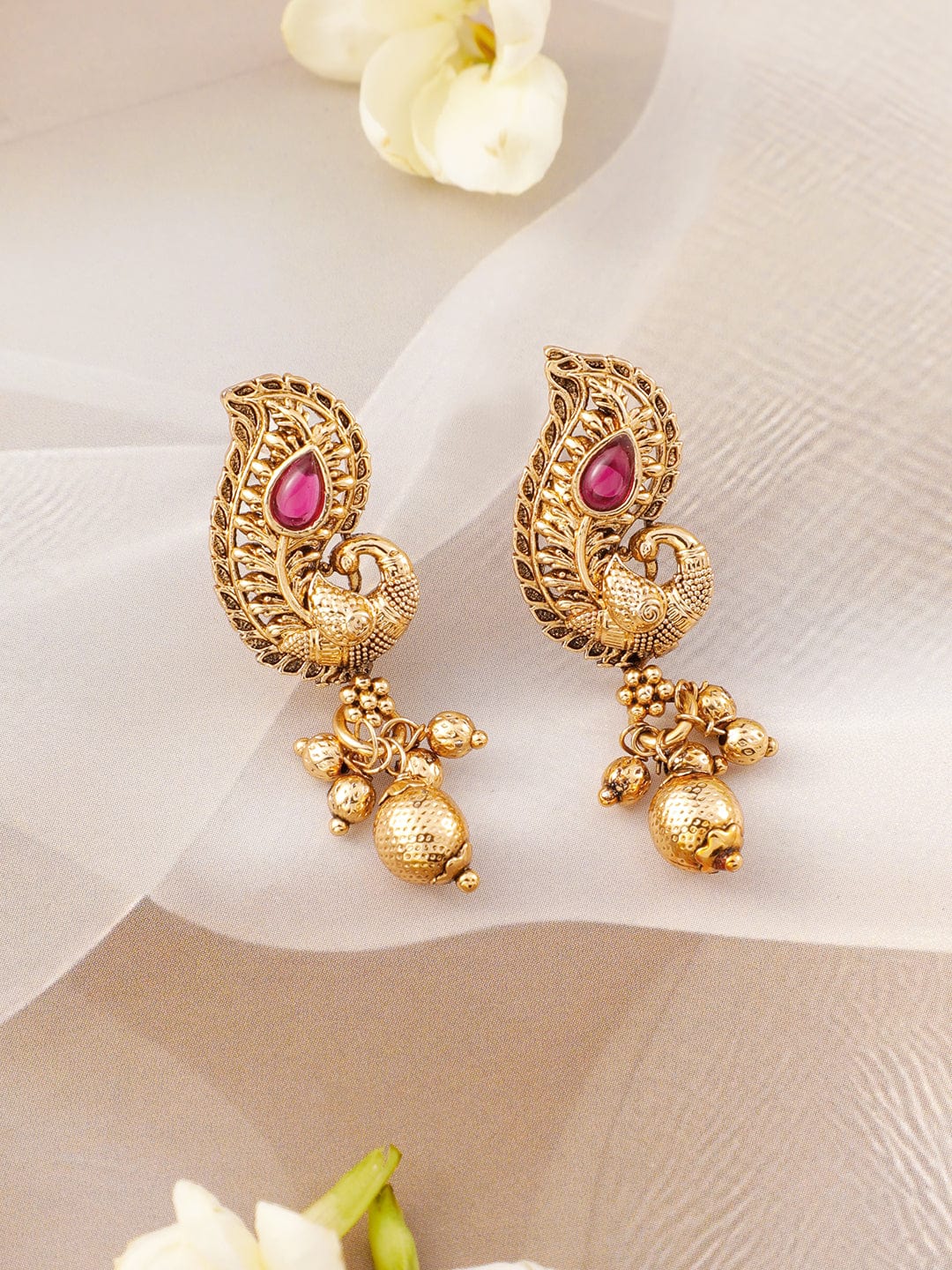 Rubans 22K Gold-Plated Ruby & Emerald Stone Handcrafted Necklace Set with Golden Beads