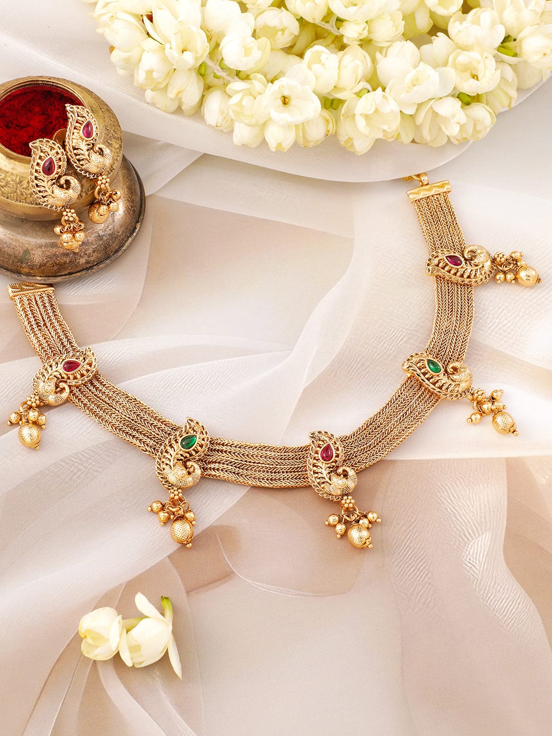 Rubans 22K Gold-Plated Ruby & Emerald Stone Handcrafted Necklace Set with Golden Beads