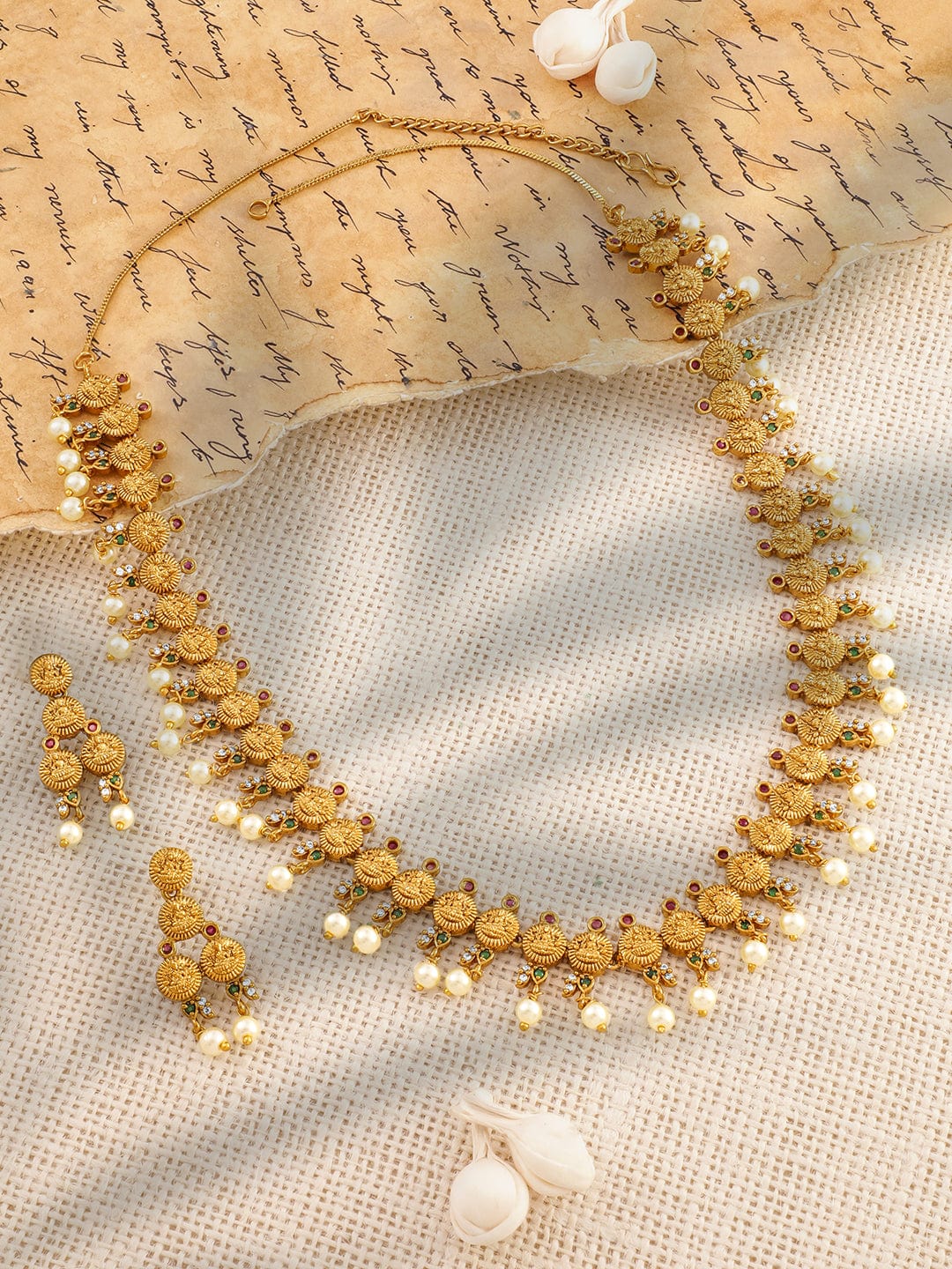 Rubans 22K Gold-Plated Ruby &Emerald-Studded Temple Necklace Set with Pearl Beaded Drops