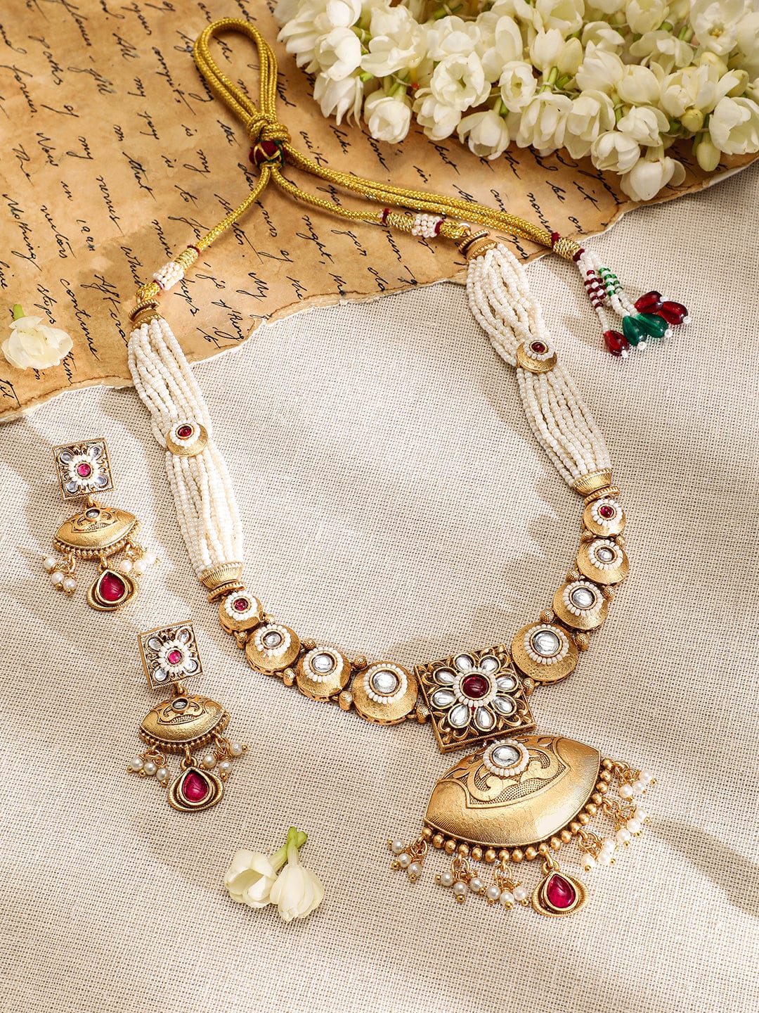Rubans 22K Gold-Plated Ruby, Kundan & Multi-Strand Pearl Bead Detailing Necklace Set
