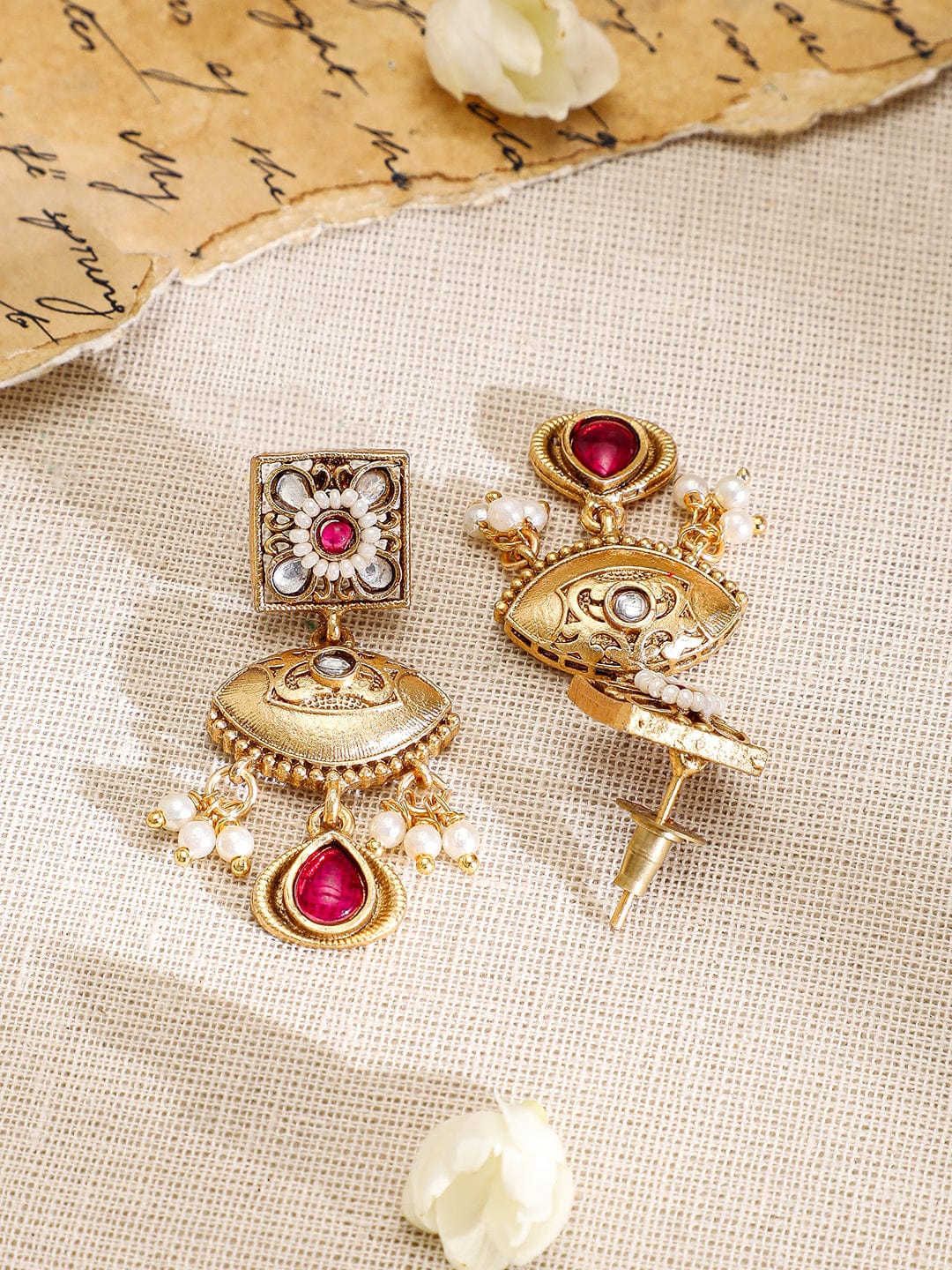 Rubans 22K Gold-Plated Ruby, Kundan & Multi-Strand Pearl Bead Detailing Necklace Set