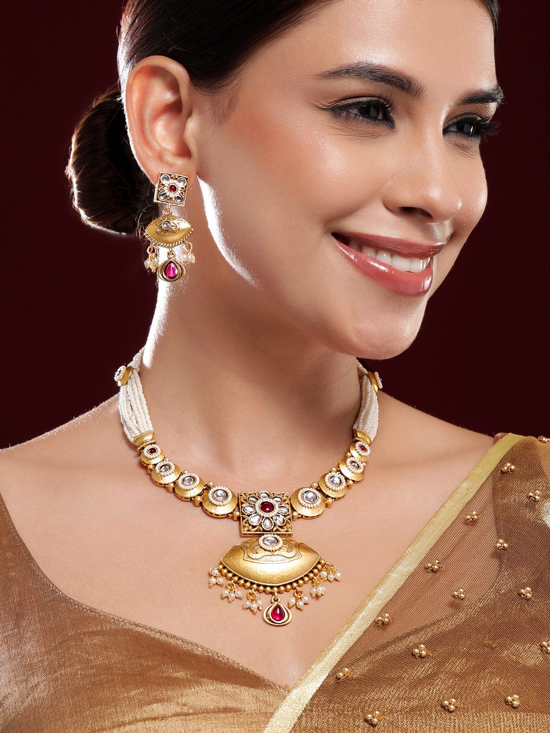 Rubans 22K Gold-Plated Ruby, Kundan & Multi-Strand Pearl Bead Detailing Necklace Set