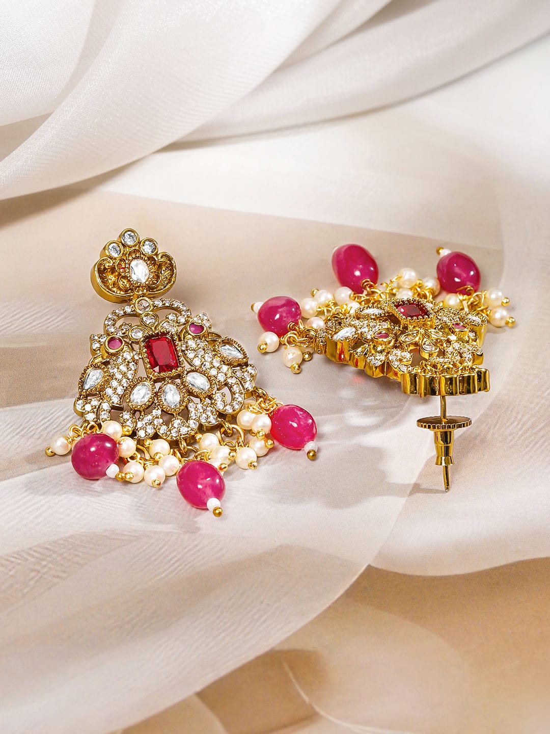 Rubans 22K Gold-Plated Ruby Pink & Cubic Zirconia Studded Long Necklace Set with Ruby Pink & White Pearls Beaded Accents